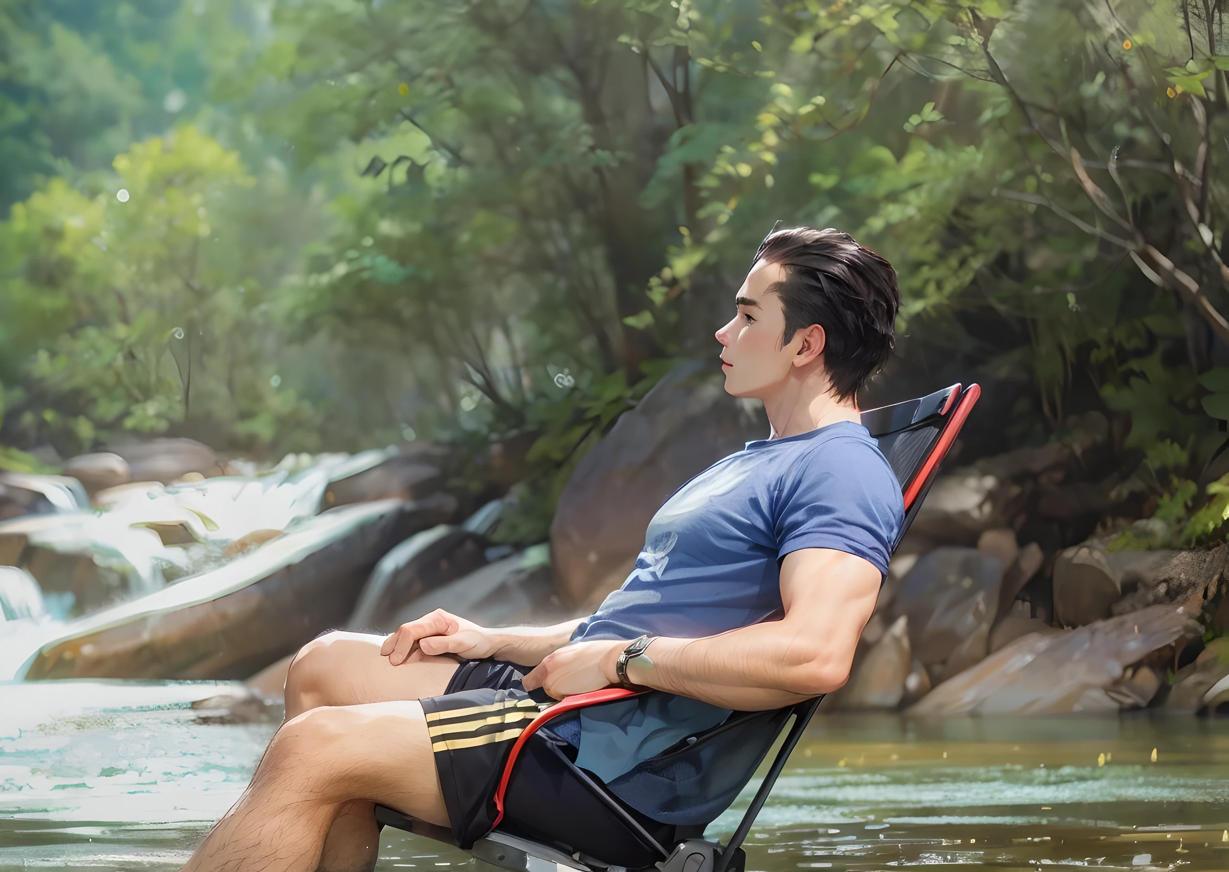 High detail, 8K, ultra HD, high quality, Anime studio, create a image relistict, best lighting , waterfall beautifull, perfect light, Daylight, Foggy blur, dreamer, young man sit on chair,