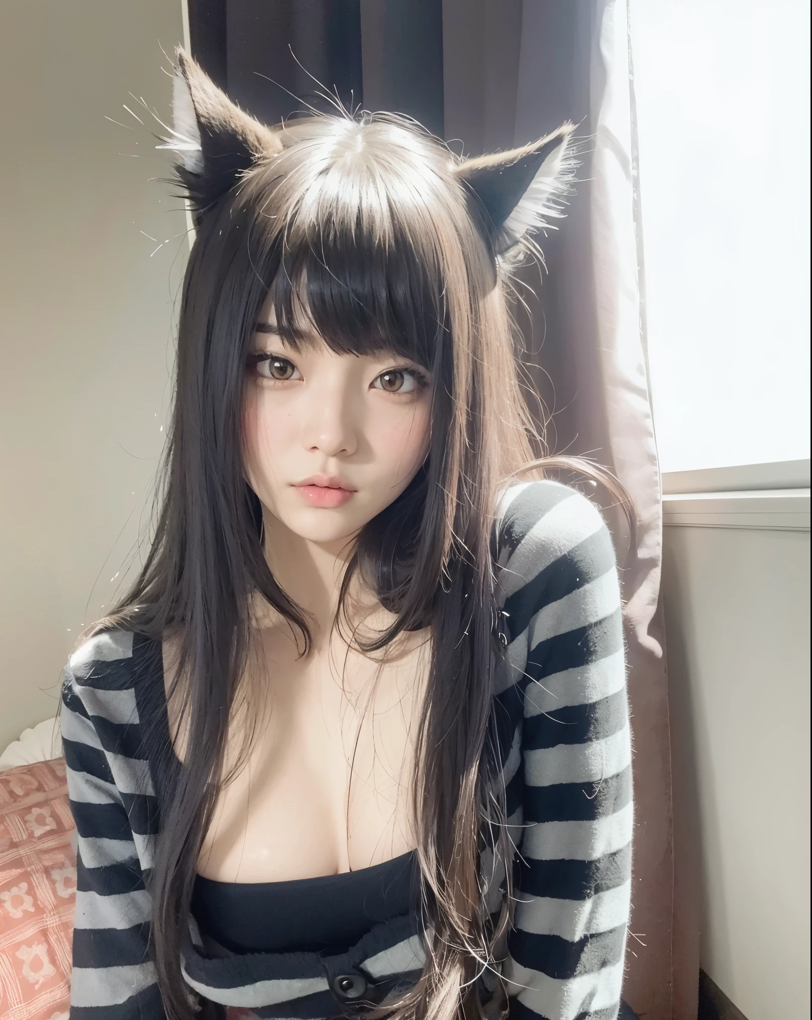 curvy Asian woman with long hair, usando orelhas de gato e uma camisa listrada, garota gato atraente,  com orelhas de gato, muito linda gatinha fofa, Mulher com orelhas de gato, cabelo preto orelhas de gato preto, corte de cabelo preto hime, linda jovem gata, Nekomimi, anime  com orelhas de gato, cat ears on head, cruel korean goth girl
