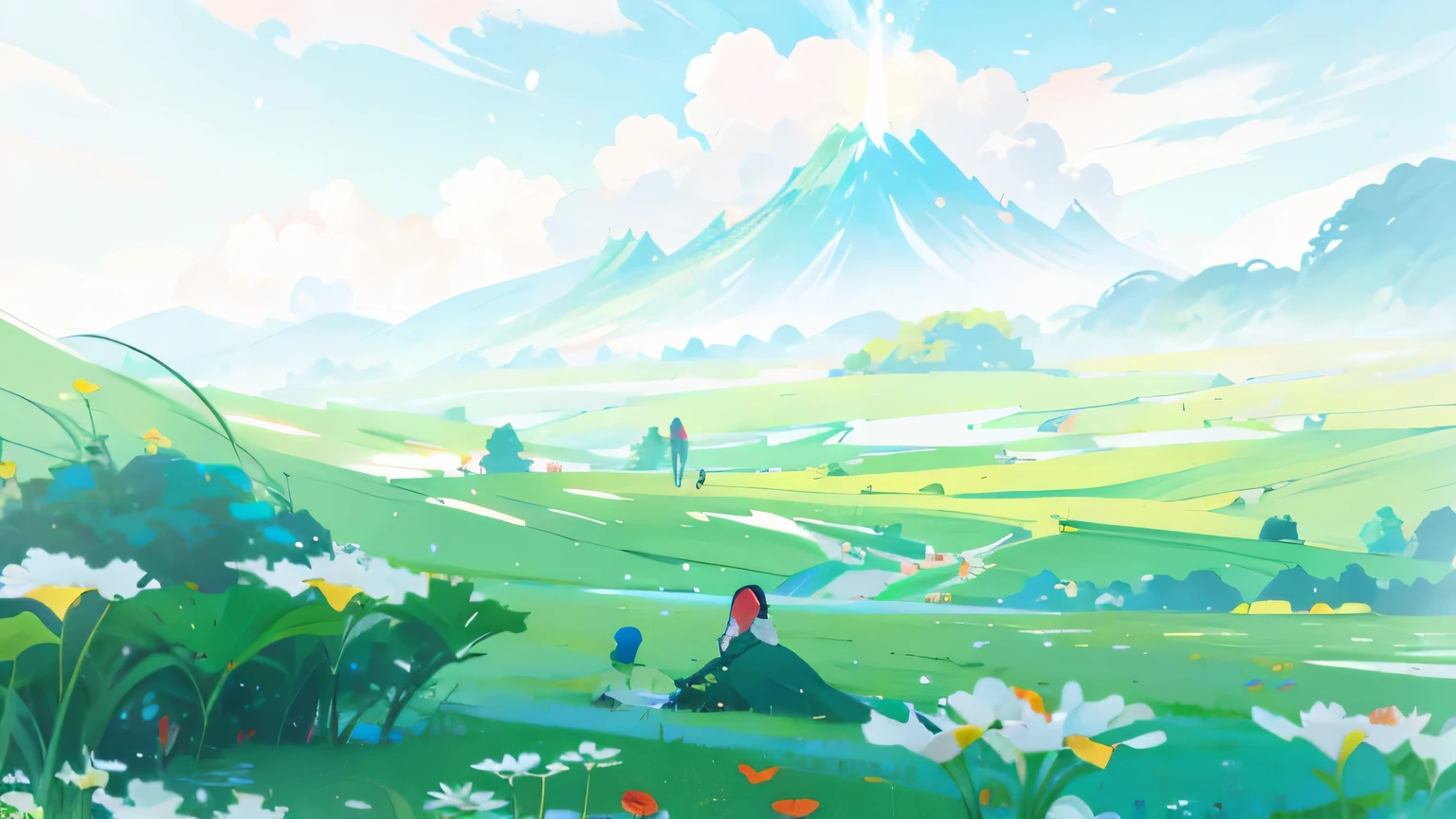 Field scene with blooming flowers, conrad roset and makoto shinkai, Xin Haicheng Cyril Rolando, Xin Haicheng!, ( ( Xin Haicheng ) ), Xin Haicheng'style, Xin Haicheng!!, Xin Haicheng&#39;style, Xinhai is sincere, Xin Haicheng art style