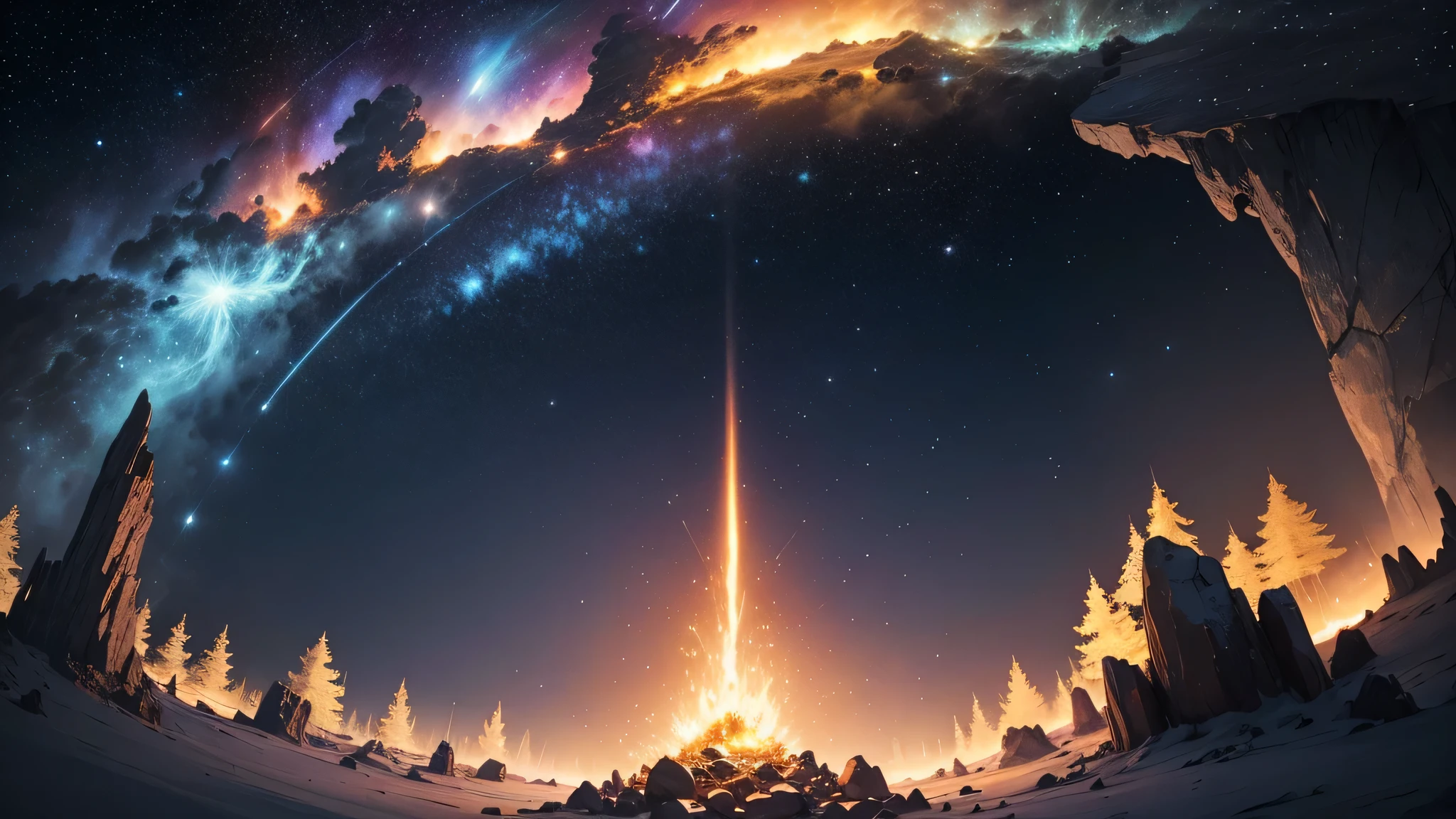deep night sky background,Covered with twinkling stars,many stars,Wide distribution,Like the infinite depth of the universe。
The stars gradually gather,form a bright and blazing torch,The shape of the torch can be dynamic,seems to be gathering continuously、strengthen。
Torches can range in color from warm to blazing white,Shows warm and bright light,Illuminate the surrounding darkness。
around the torch,can depict the scene of the universe illuminated by it,like a planet、comet、Nebula etc..,A magnificent picture of the universe。
The overall picture should remain mysterious、romantic atmosphere,Through color matching and light and shadow processing,Highlight the shock and emotion brought by &Quote;Stars turn into torches&Quote;