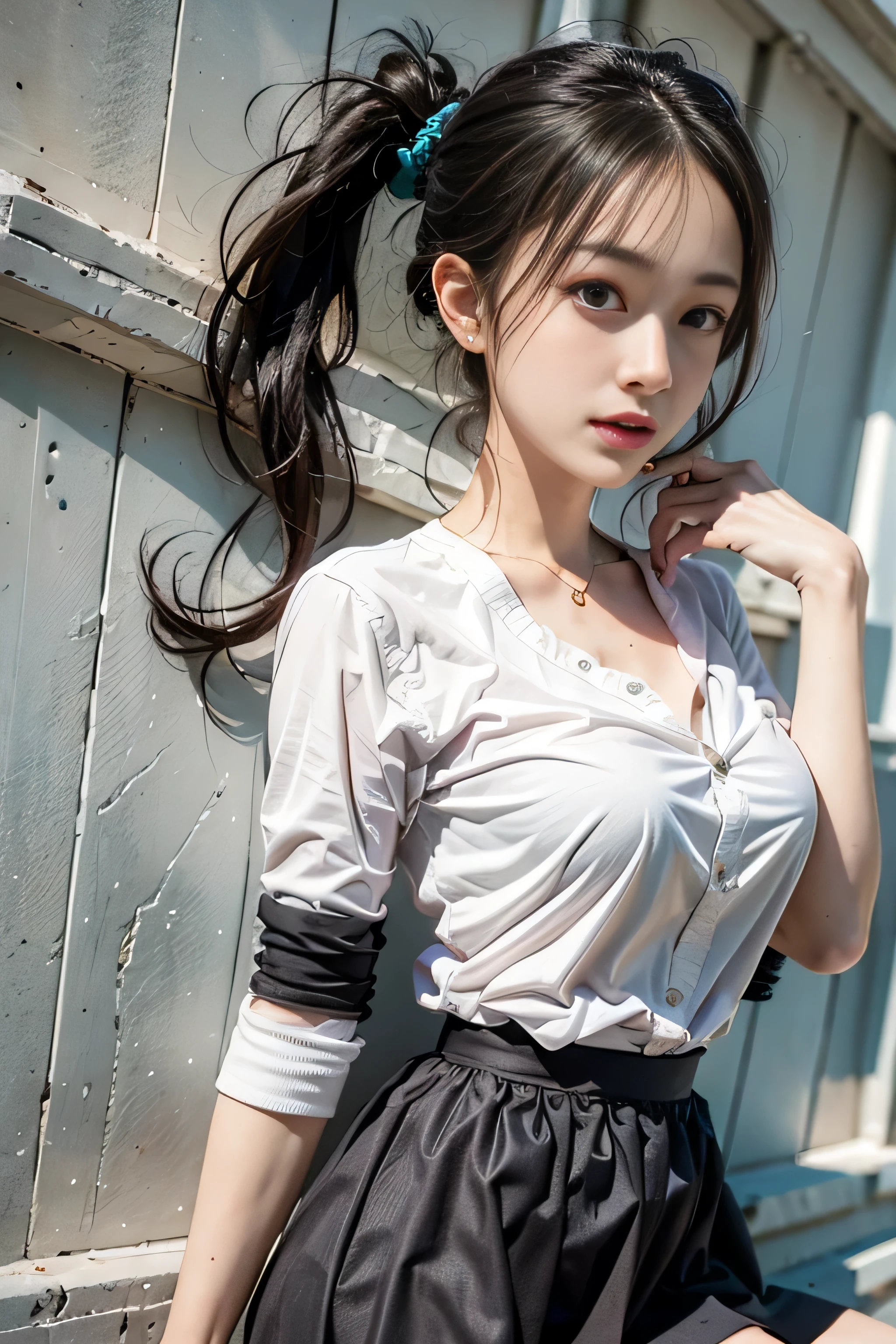 realistic, High resolution, soft light,1 female, alone, waist rises high, (detailed face),tattoo, jewelry, Current school classroom,on the podium,please wear uniform、(black flared skirt),Biggest,chest is low, long hair、((ponytail))、((Panty shot))、((mix4))、((exterior々Color panties))、((color々colorのついた髪))