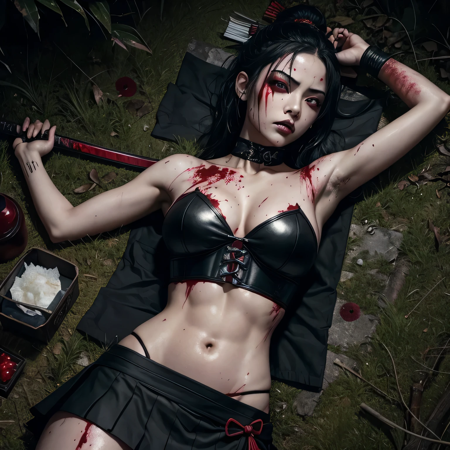 1 girl, sexy, beautiful samurai, katana, samurai, muscular abs, navel, fantasy, sensual, cropped corset goth top, mini skirt, beautiful asian goth girl, sexy, deep navel, heavy goth makeup, armpit, fighting, sweaty skin, blood, wounded, undead, red blood, horror, goth horror, samurai, near death, injured, tired, goth horror, horror, haunted, dripping blood, blood painted skin, blood all over the place, lay down on ground, wet skin, black eyes, red eyes, eyes hurt, navel pierced, blood in navel