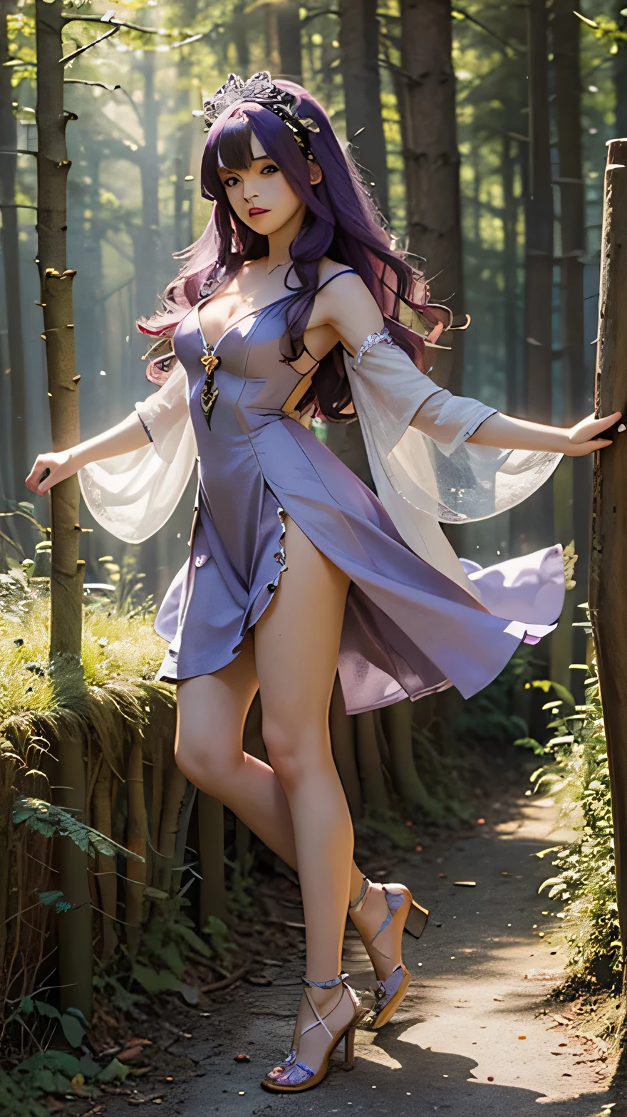 ((best quality)), ((masterpiece)), (detailed), perfect face,a magical fox girl,purple hair,Fairy tale world,,enchanted forest,full-body shot,perfect limbs