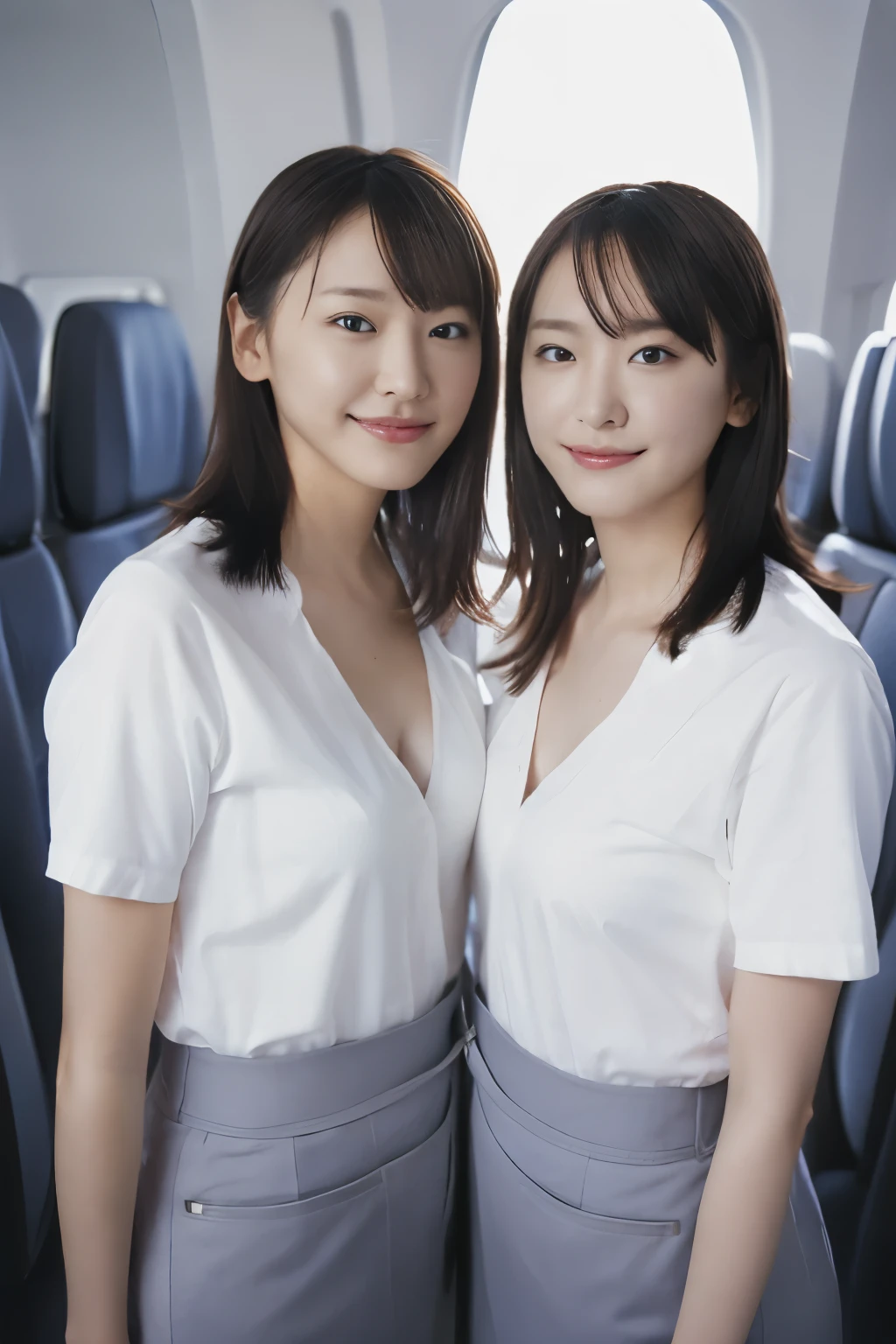 highest quality, masterpiece, 8k, 超A high resolution, (Photoreal:1.4), identical twin sisters、beautiful face、symmetrical eyes、big breasts、perfect body proportions、cleavage、See stewardess listener、laughter、(Inside the plane:1.2)、View from the front、shoulder、Absolute area(1.3)、