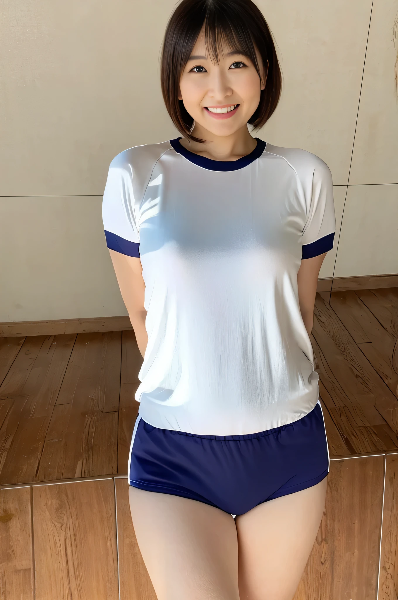 girl standing in school yard,short-sleeved white plain t-shirt with navy blue trim,navy blue speedo-style briefs,school bag,18-year-old,bangs,a little smile,thighs,knees,short cut hair,low ponytail,from below,front-lighting