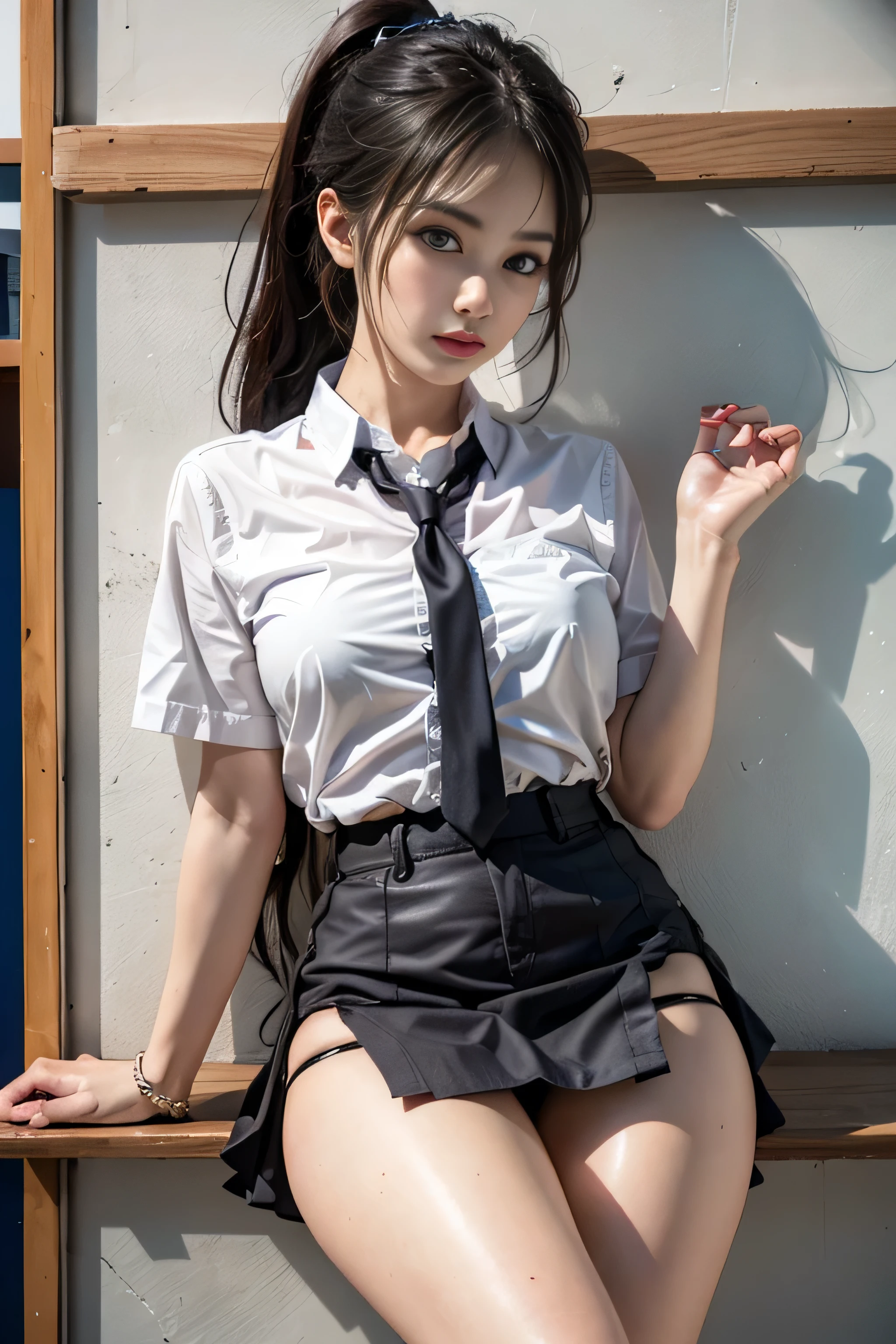 realistic, High resolution, soft light,1 female, alone, waist rises high, (detailed face),tattoo, jewelry, Current school classroom，on the podium，please wear uniform、（black flared skirt），Biggest，chest is low, long hair、((ponytail))、((Panty shot)）、（(mix４)）、((exterior々Color panties)）、((color々colorのついた髪)）