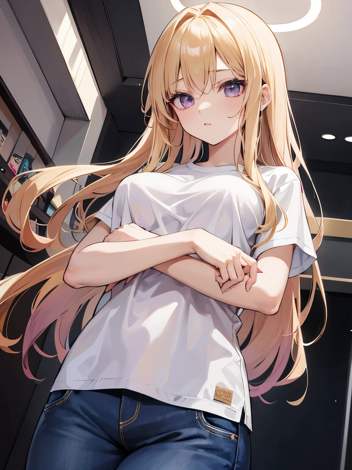 8K, highest quality, masterpiece, super detailed、blonde、young face、medium long hair、wavy hair、medium breasts、Pale purple eyes、full lips、 、Straight Hair、、whole body、lipstick、、whole body visible、slanted eyes、beautician、Beauty Salon、T-shirt、jeans、angle from below、perfect hands、detailed hands、beauty salon、