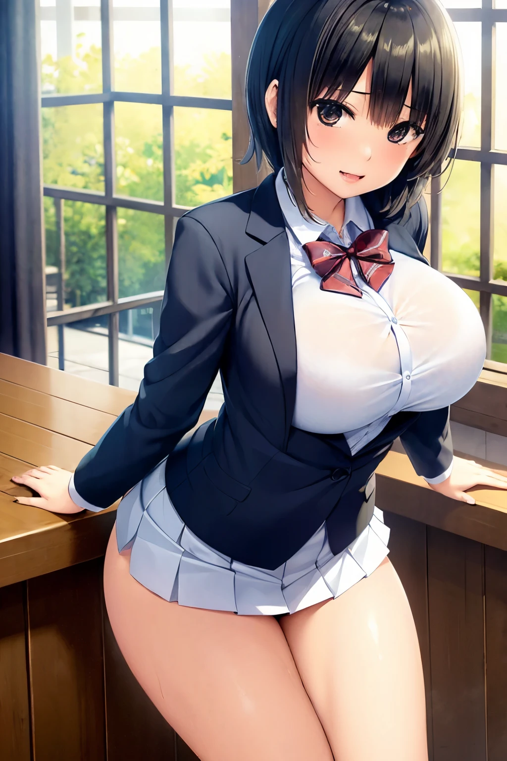 (masterpiece, highest quality, super detailed), (sumika), 1girl,  (slim:1.7), short hair, black hair, (big breasts:1.6), raised, Wet , Sweat,  beautiful face,  (Big eyes:1.5), cute,  fog,   (school uniform:0.6), (white shits:1.4), (Pleated skirt:1.4)  (from side:1.5),  JP SCHOOL UNIFORM, JS_ShortSkirt, (micro mini skirt:1.5), at school, window, (full body:1.5), skirt up, (pussy:1.2), 