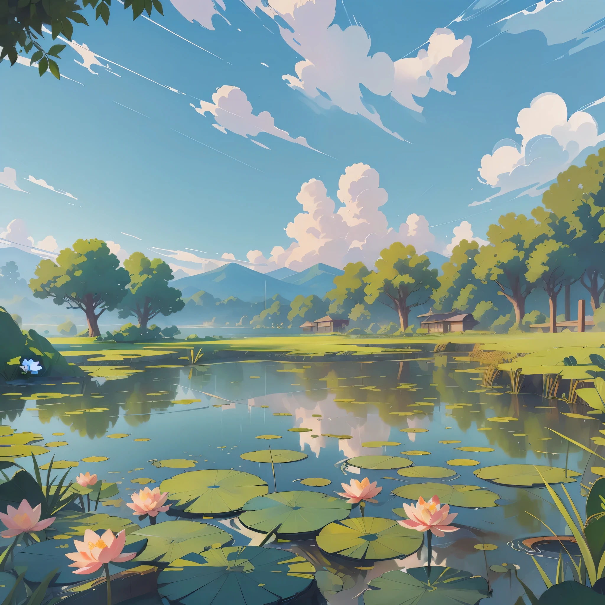 There is a painting of a pond,There are water lilies inside, Animation pastoral scenery, Lotus Pond, Ross Tran. landscape background, Anime landscape, A beautiful artistic illustration, Detailed Landscape - Width 672, author:Yang Jie, Anime beautiful peaceful scene, Anime landscape wallpaper, author:Victor Wang, 美丽的Anime landscape, landscape artwork, peaceful scenery, Very detailed illustrations.”