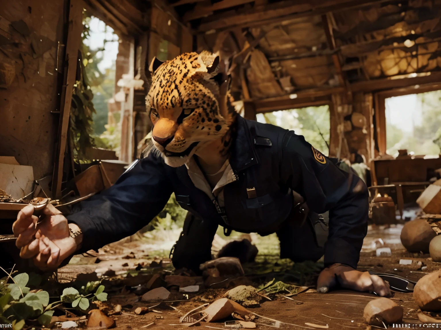 an anthropomorphic snow leopard FBI agent, photo real cat FBI agent, FBI uniform on an anthro feline, female feline FBI agent, hyper realistic, futuristic crime scene