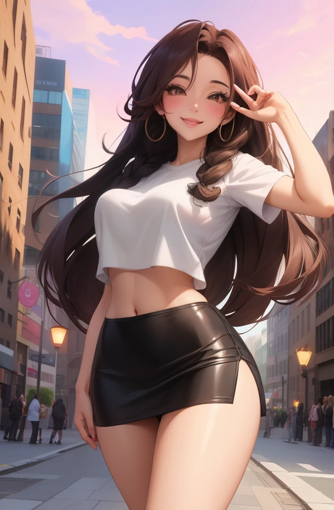 anime, 28 year old woman, taking a selfie, mischievous smile, long hair, dark hair color, stylish hairstyle, side hair long lush hair, long curls of hair pulled to the sides, Braids within the hair, curvy body, proportional body, sexy girl, beautiful mature girl, lovable character, crop top, short skirt, clarity, detailed, detailed face, very detailed drawing, smile, flirty look, city background,  saturated background, perfect composition, soft natural volumetric cinematic perfect light, masterpiece