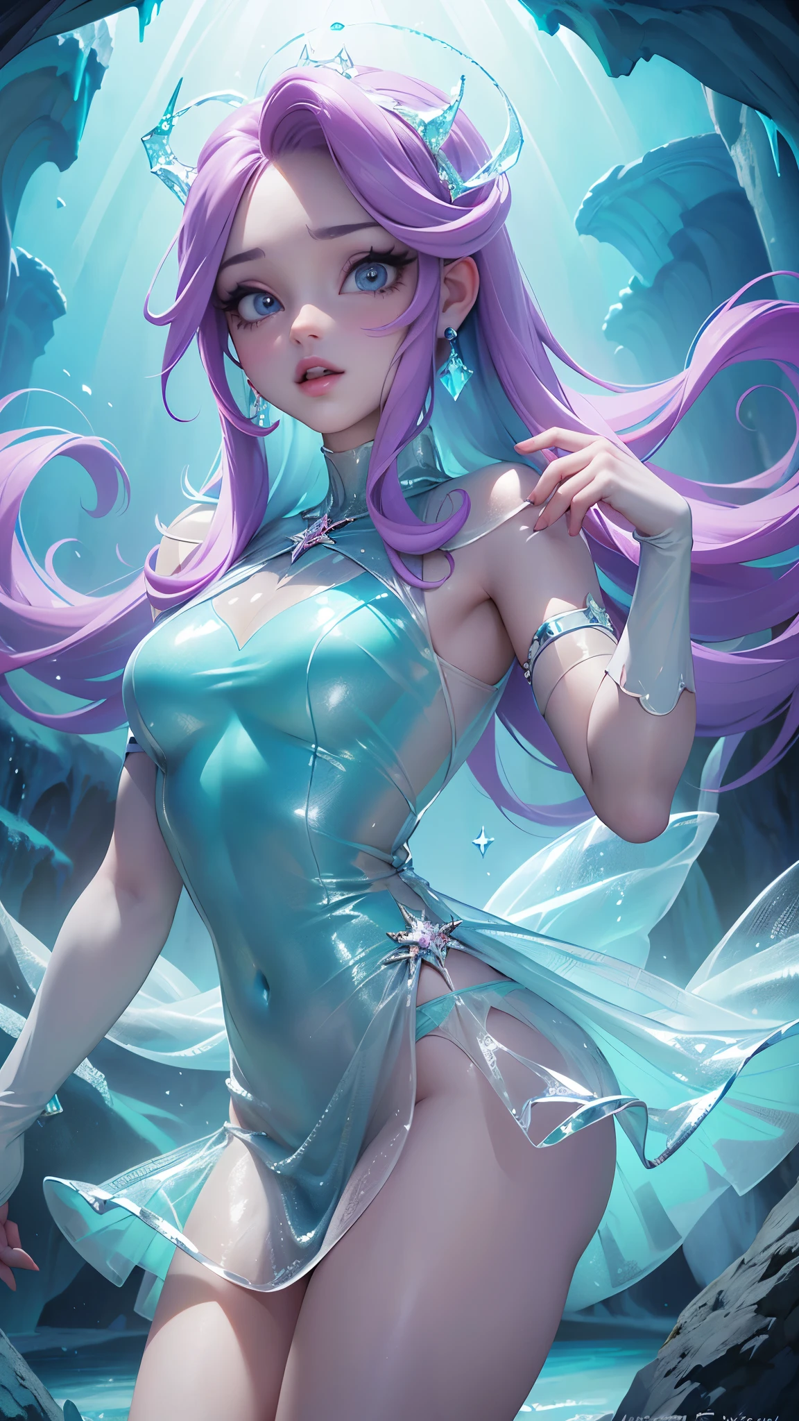(La mejor calidad,A high resolution,Ultra - detallado,actual),Ariana Grande short fluffy brown hair，(Ice Dress Has a shiny purple-pink transparent rubber texture:1.4 .)，(En rosa goma vestido transparente hielo:1.4)、Usa el tuyo con azul y blanco，amarillo y verde，Hanging decoration with matching cyan accessories，This is a very sweet and sweet girl...., (tema de san valentin), ojos azules, sonrisa suave, (fondo caverna atlantis ruinas hielo congelado:1.4) ,,More detailed 8K.motor irreal:1.4,HD,La mejor calidad:1.4, fotorrealista:1.4, textura de la piel:1.4, obra maestra:1.8,obra maestra, mejor calidad,objeto Objeto], (rasgos faciales detallados:1.3),(Las proporciones correctas),((dedos detailed :1.4) ),(Ojos hermosos azules:1.4 ),(pose vaquero ),( vestido transparente de hielo congelado:1.4), ,( ciberpunk 2.1), (vestuario estilo kawaii:1.4), (showing children&#39;s print panties :1.4) 
