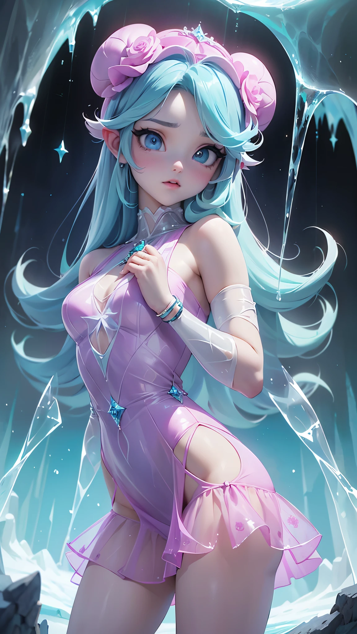 (La mejor calidad,A high resolution,Ultra - detallado,actual),Ariana Grande short fluffy brown hair，(Ice Dress Has a shiny purple-pink transparent rubber texture:1.4 .)，(En rosa goma vestido transparente hielo:1.4)、Usa el tuyo con azul y blanco，amarillo y verde，Hanging decoration with matching cyan accessories，This is a very sweet and sweet girl...., (tema de san valentin), ojos azules, sonrisa suave, (fondo caverna atlantis ruinas hielo congelado:1.4) ,,More detailed 8K.motor irreal:1.4,HD,La mejor calidad:1.4, fotorrealista:1.4, textura de la piel:1.4, obra maestra:1.8,obra maestra, mejor calidad,objeto Objeto], (rasgos faciales detallados:1.3),(Las proporciones correctas),((dedos detailed :1.4) ),(Ojos hermosos azules:1.4 ),(pose vaquero ),( vestido transparente de hielo congelado:1.4), ,( ciberpunk 2.1), (vestuario estilo kawaii:1.4), (showing children&#39;s print panties :1.4) 