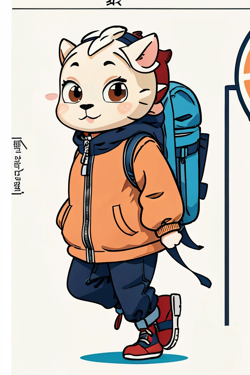 Animation image of a dumpling who has run away from home and is busy with travels,2d,flat,3d to 2d,cute,jacket,Backpack,blank background,Character setting diagram,orange color