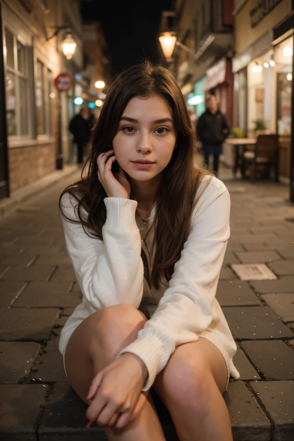 photography of a 20yo woman, perfect face, masterpiece, wearing winter clothes and sitting in tourist place in nigth , in deffrent pose