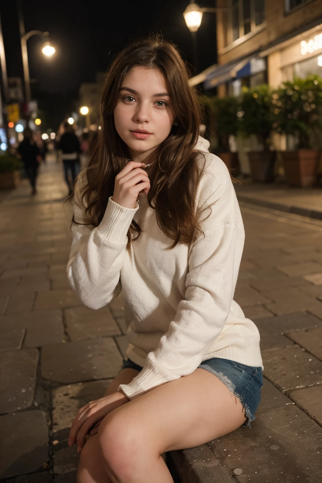 photography of a 20yo woman, perfect face, masterpiece, wearing winter clothes  and sitting in tourist place in nigth , in deffrent pose