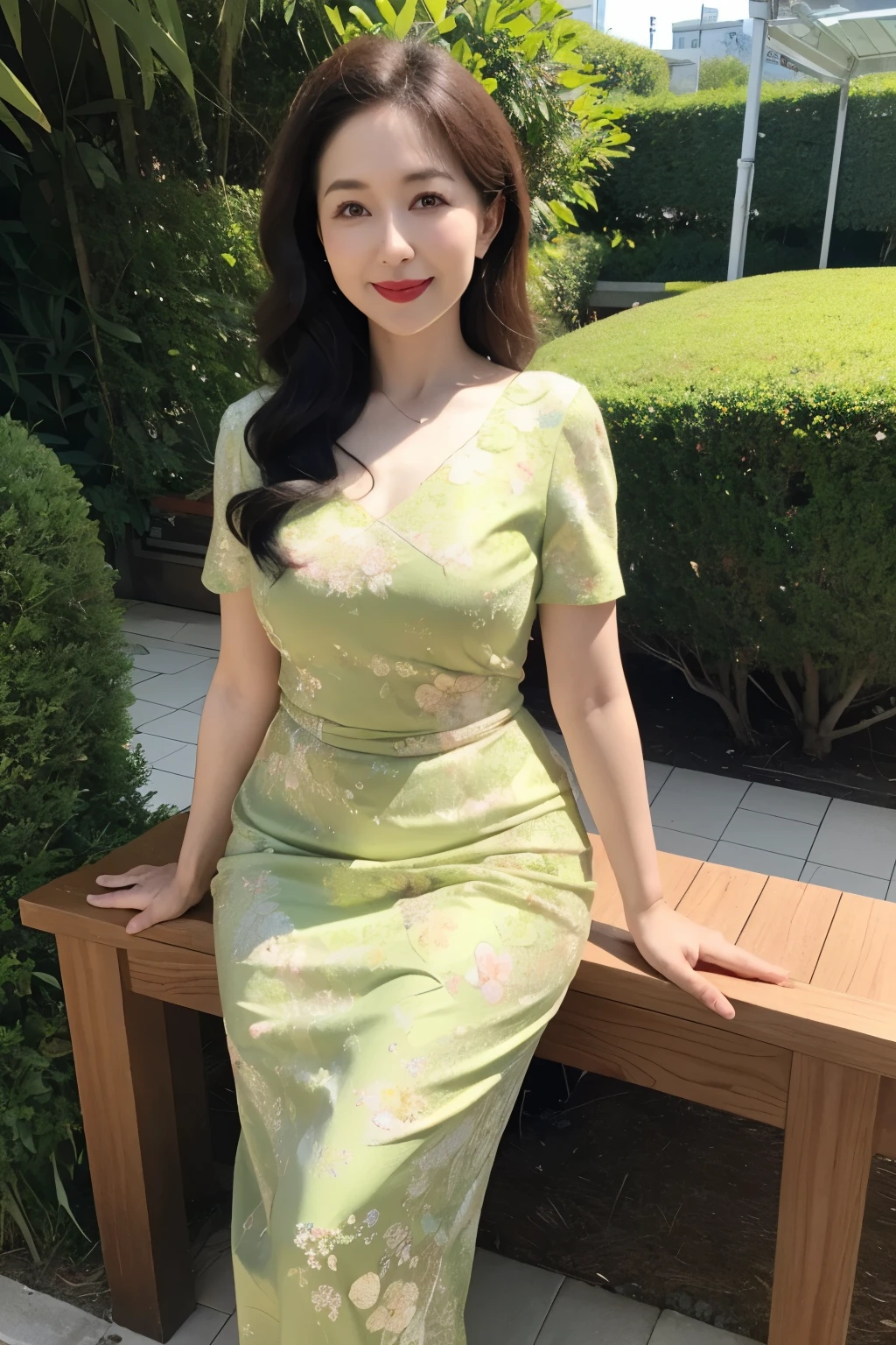 Draw lips correctly, red lipstick, from chest up, best quality, Super detailed, lifelike, Super fine skin, perfect anatomy, (1 日本Mature的女人), (alone)，Wearing a green sweater dress，short sleeve，wavy long hair，37-year-old female，Mature，charming smile，garden background，stand，Slightly fat，medium chest，full-body shot。
