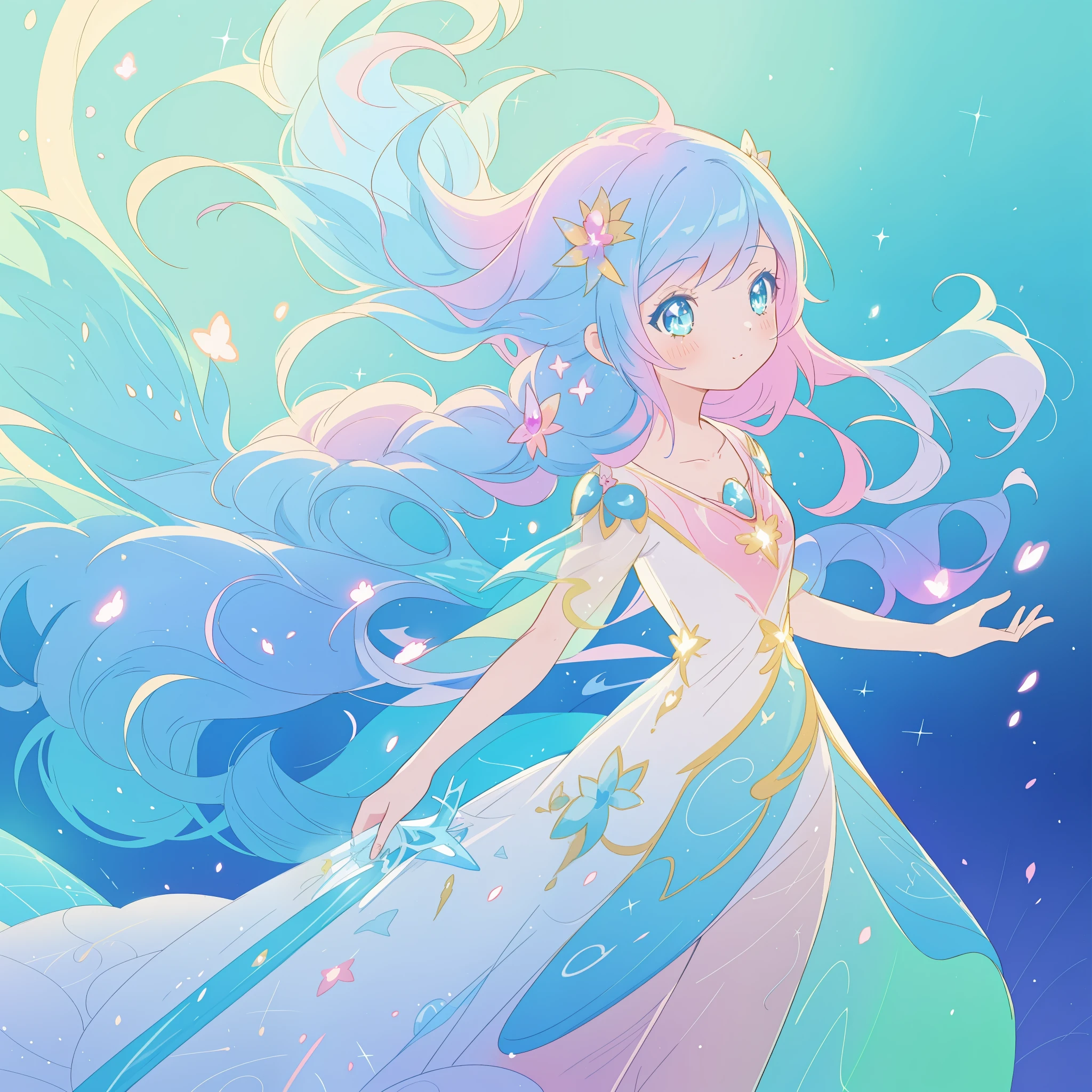 beautiful anime girl in colorful liquid dress, vibrant pastel colors, (colorful), magical lights, sparkling lines of light, inspired by Glen Keane, inspired by Lois van Baarle, disney art style, by Lois van Baarle, glowing aura around her, by Glen Keane, jen bartel, glowing lights! digital painting, flowing glowing hair, glowing flowing hair, beautiful digital illustration, fantasia background, whimsical, magical, fantasy, beautiful face, ((masterpiece, best quality)), intricate details, highly detailed, sharp focus, 8k resolution, sparkling detailed eyes, liquid watercolor
