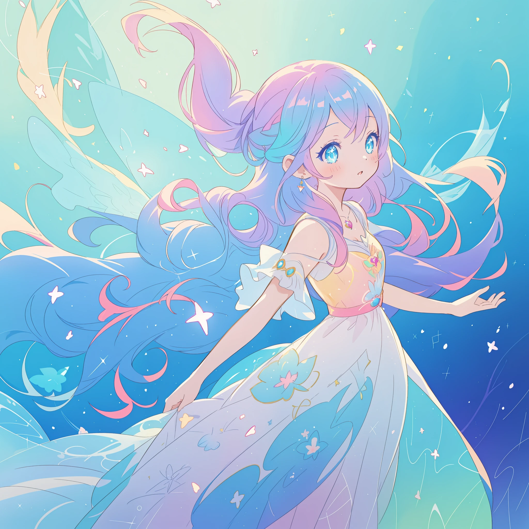 beautiful anime girl in colorful liquid dress, vibrant pastel colors, (colorful), magical lights, sparkling lines of light, inspired by Glen Keane, inspired by Lois van Baarle, disney art style, by Lois van Baarle, glowing aura around her, by Glen Keane, jen bartel, glowing lights! digital painting, flowing glowing hair, glowing flowing hair, beautiful digital illustration, fantasia background, whimsical, magical, fantasy, beautiful face, ((masterpiece, best quality)), intricate details, highly detailed, sharp focus, 8k resolution, sparkling detailed eyes, liquid watercolor