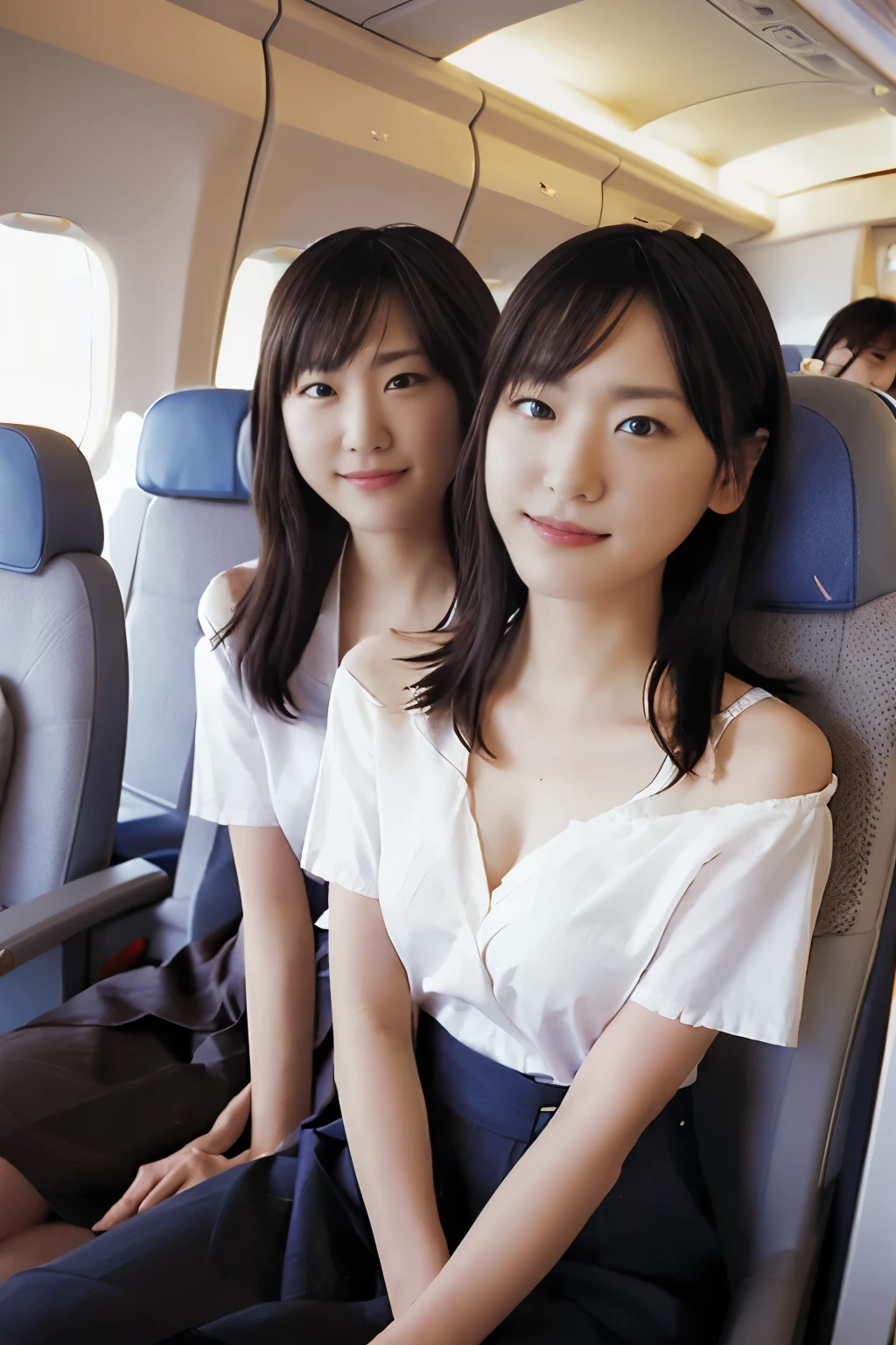 highest quality, masterpiece, 8k, 超A high resolution, (Photoreal:1.4), identical twin sisters、beautiful face、symmetrical eyes、big breasts、perfect body proportions、cleavage、See stewardess listener、laughter、(Inside the plane:1.2)、View from the front、shoulder、Absolute area(1.3)、