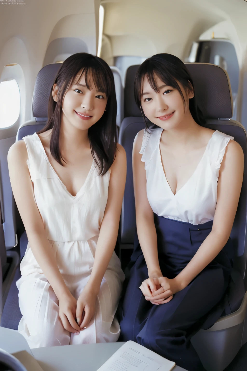 highest quality, masterpiece, 8k, 超A high resolution, (Photoreal:1.4), identical twin sisters、beautiful face、symmetrical eyes、big breasts、perfect body proportions、cleavage、See stewardess listener、laughter、(Inside the plane:1.2)、View from the front、shoulder、Absolute area(1.3)、