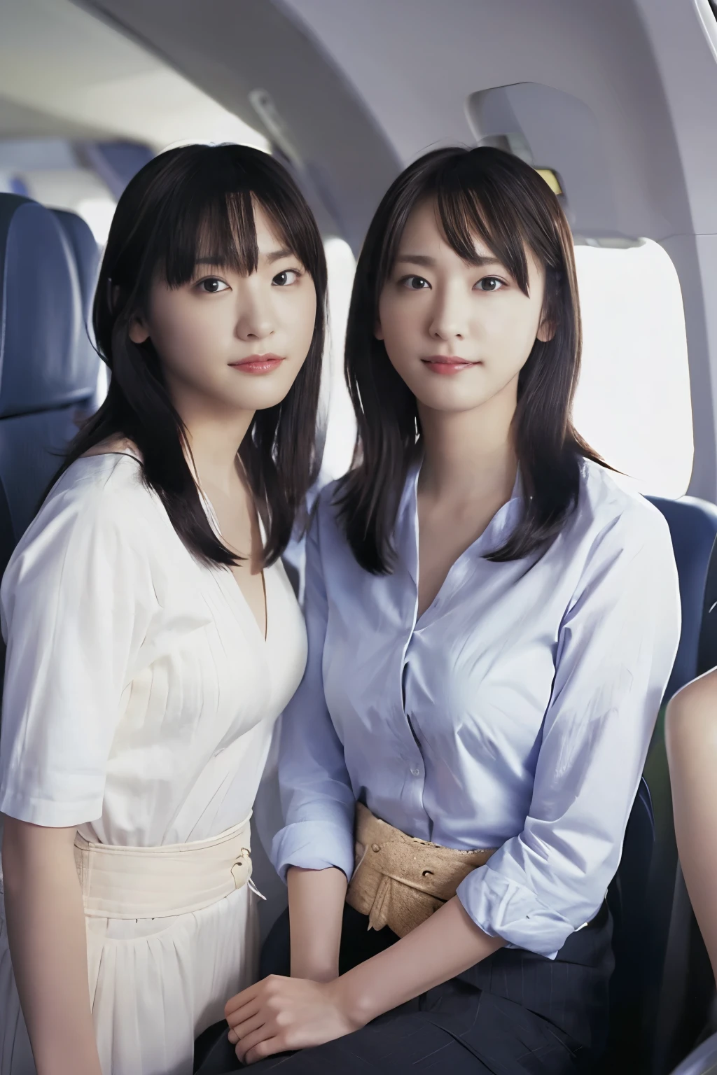 highest quality, masterpiece, 8k, 超A high resolution, (Photoreal:1.4), identical twin sisters、beautiful face、symmetrical eyes、big breasts、perfect body proportions、cleavage、See stewardess listener、laughter、(Inside the plane:1.2)、View from the front、shoulder、Absolute area(1.3)、