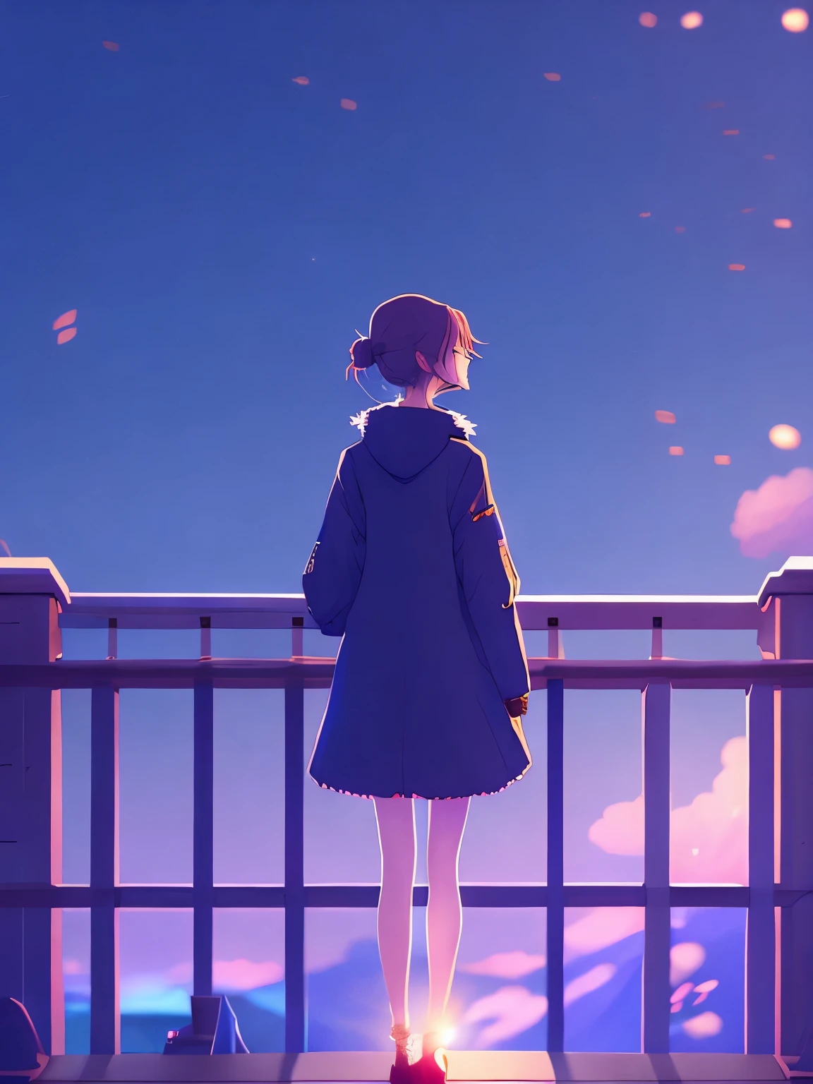 Close-up of a person standing on a balcony against the sky, lofi girl, in style of Makoto Shinkai, lofi art style, Opening of the anime, ( ( Makoto Shinkai ) ), anime background, Makoto Shinkai style, style of Makoto Shinkai, lofi girl aesthetic, Airy Midnight Theme, anime atmosphere, anime aesthetics