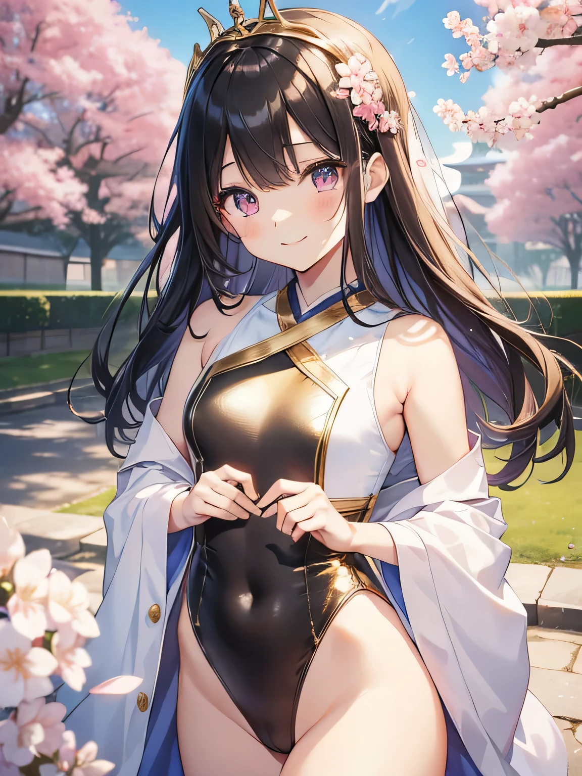 highest quality、best image quality、beautiful eyes、very delicate and beautiful、beautiful eyes、pink eyes、I、I、11 year old girl、Japanese、、Chiquita、Noble、primary school student、black hair、barefoot、(judo)、(((The lower body is a gold leotard)))、(High leg)、tiara on head、dull smile、standing and facing forward、The background is a row of cherry blossom trees