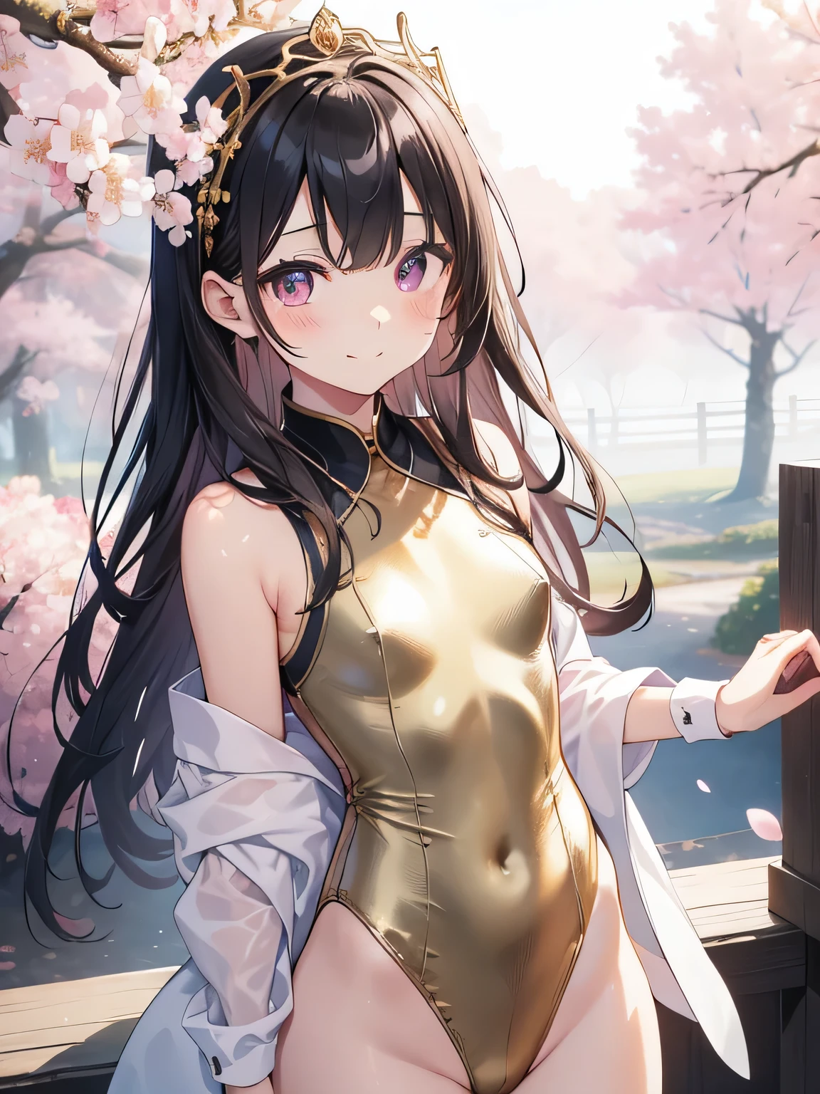 highest quality、best image quality、beautiful eyes、very delicate and beautiful、beautiful eyes、pink eyes、I、I、11 year old girl、Japanese、、Chiquita、Noble、primary school student、black hair、barefoot、(judo)、(((The lower body is a gold leotard)))、(High leg)、tiara on head、dull smile、standing and facing forward、The background is a row of cherry blossom trees