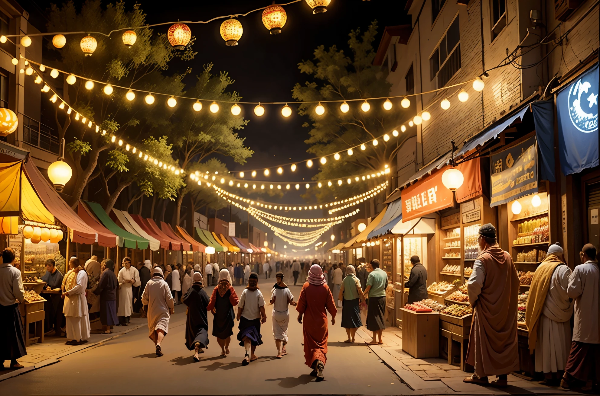 Ramadan outdoor scene，Vista people，big scene，Lively street market，There are Ramadan lanterns in the scene