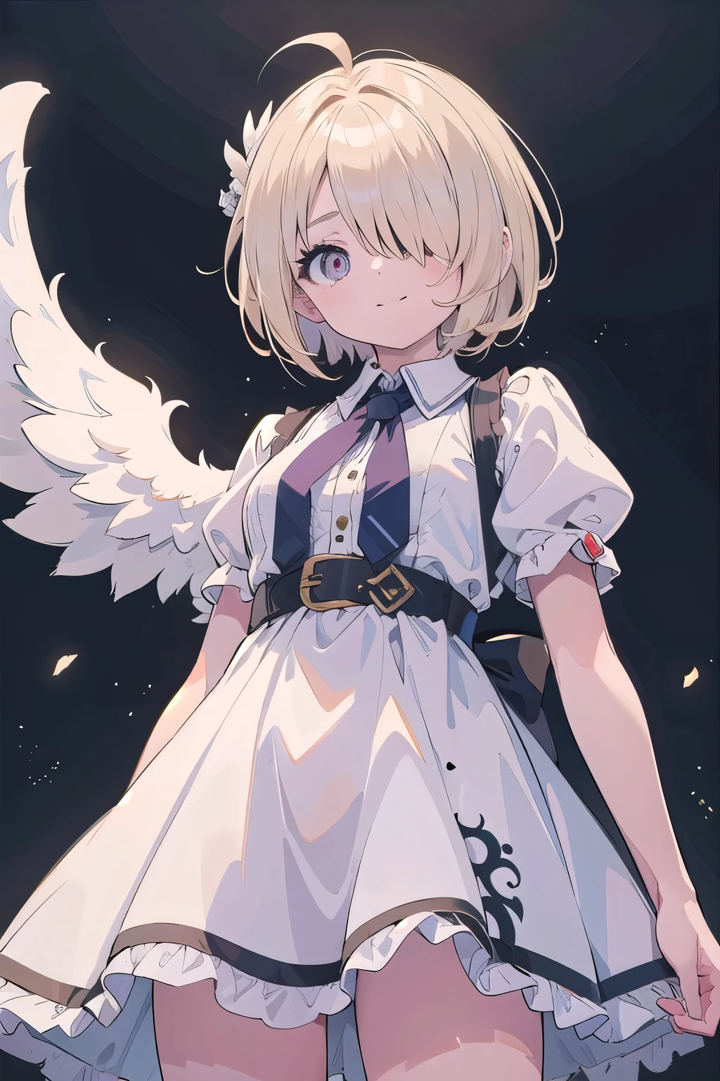 (masterpiece:1.2), (highest quality:1.2), perfect eyes, perfect face, perfect lighting, Dance, 1 boy,blonde　Upper body, big breasts　red eye, ((((((hair over one eye,)))))), a braid, Braid, spike hair, dull bangs, bob hair, Ahoge, cute eyes, Medium chest, , (((from below))), closed mouth, vivid description,orgasm, I was scared, Ahegao, smile+Happy, tooth, anger, From the side, party dress, Are standing, arm behind back, angel wings