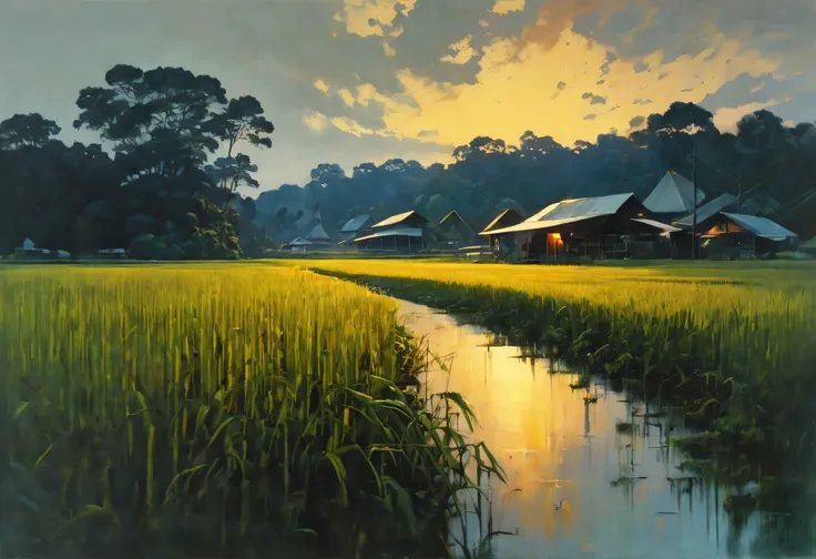 art by aries moross,art by bob byerley, landscape of a metallic rice paddy, at dusk, ashleywoodartai, greg rutkowski