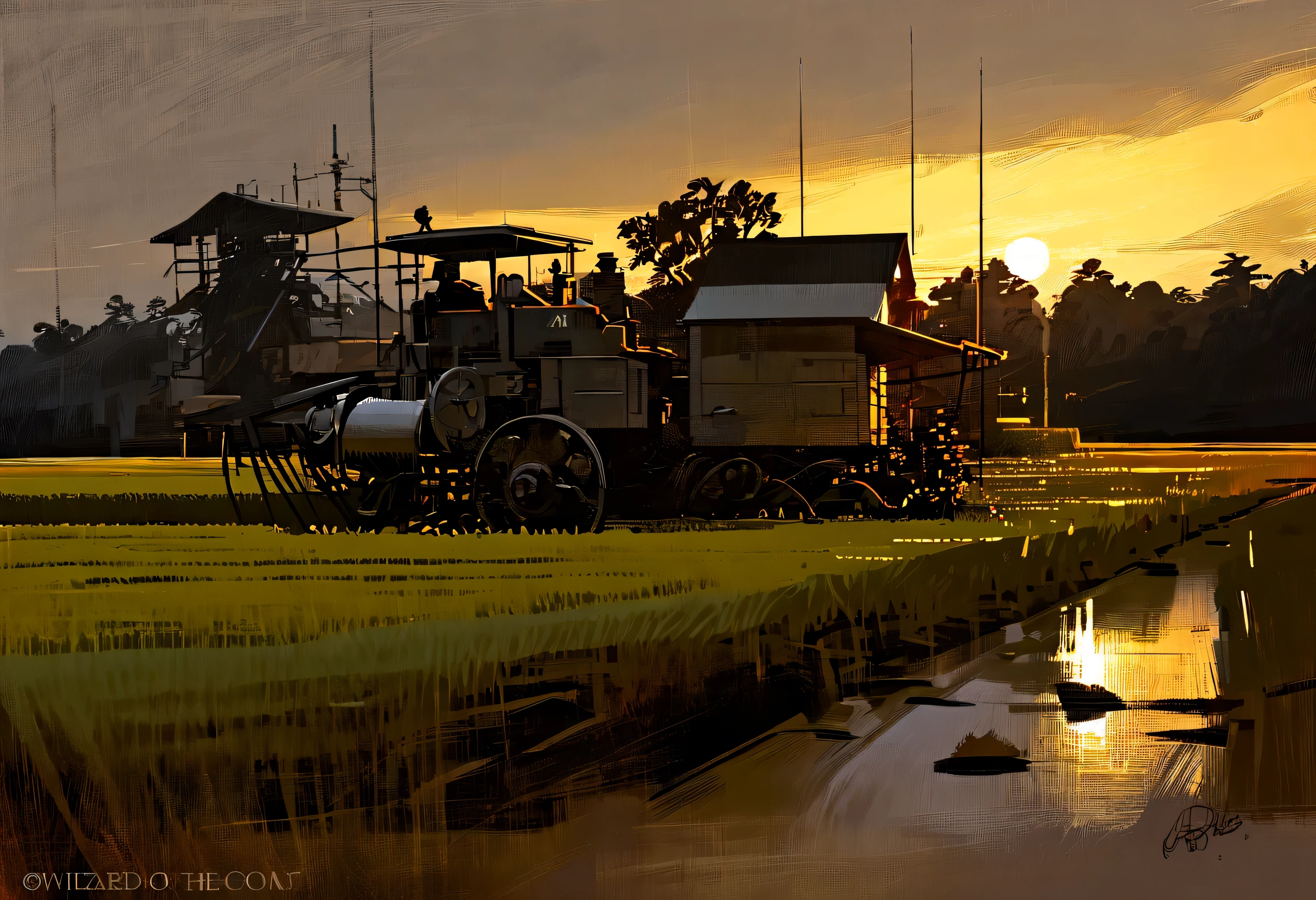 art by Aries Moross,art by Bob Byerley, landscape of a Metallic Rice paddy, at Dusk, AshleyWoodArtAI, Greg Rutkowski