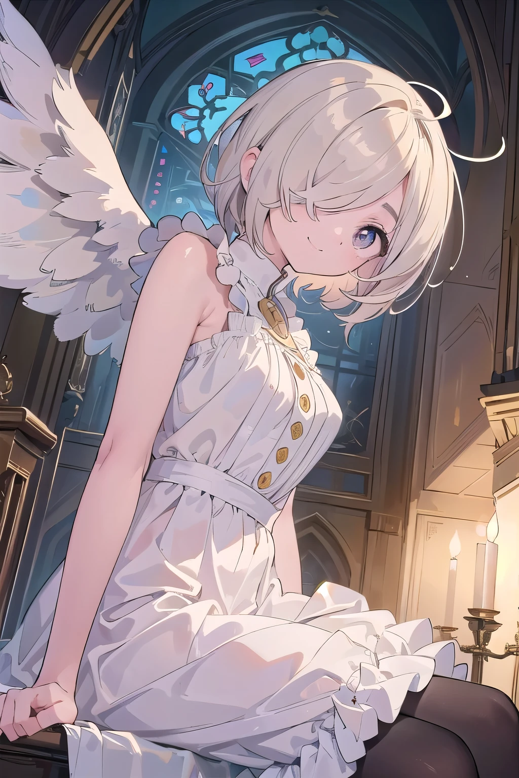wht1,Absolute area,Open mouth smile,Beautiful background,best quality,masterpiece,Angel Girl, young,,Blonde with wings, Hart neckline,Holding a bow and arrow