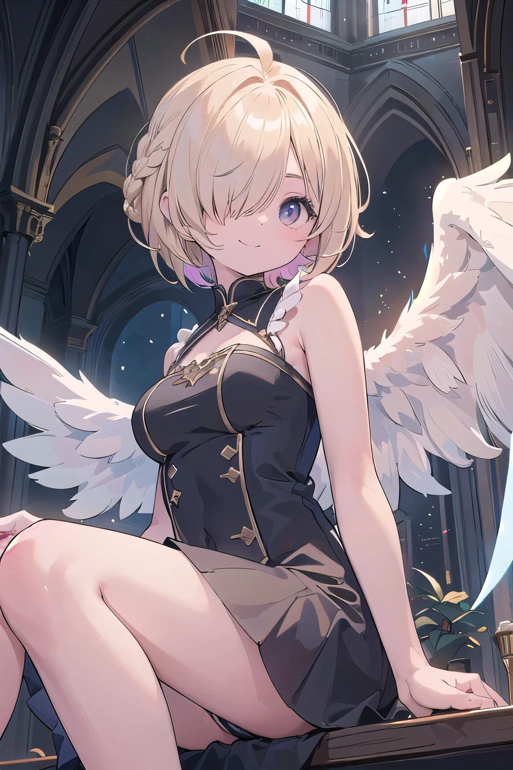 (masterpiece:1.2), (highest quality:1.2), perfect eyes, perfect face, perfect lighting, Cathedral 1 boy,blonde　Upper body, big breasts　red eye, ((((((hair over one eye,)))))), a braid, Braid, spike hair, dull bangs, bob hair, Ahoge, cute eyes, Medium chest, , (((from below))), closed mouth, vivid description,orgasm, I was scared, Ahegao, smile+Happy, tooth, anger, From the side, party dress, sitting, arm behind back, angel wings