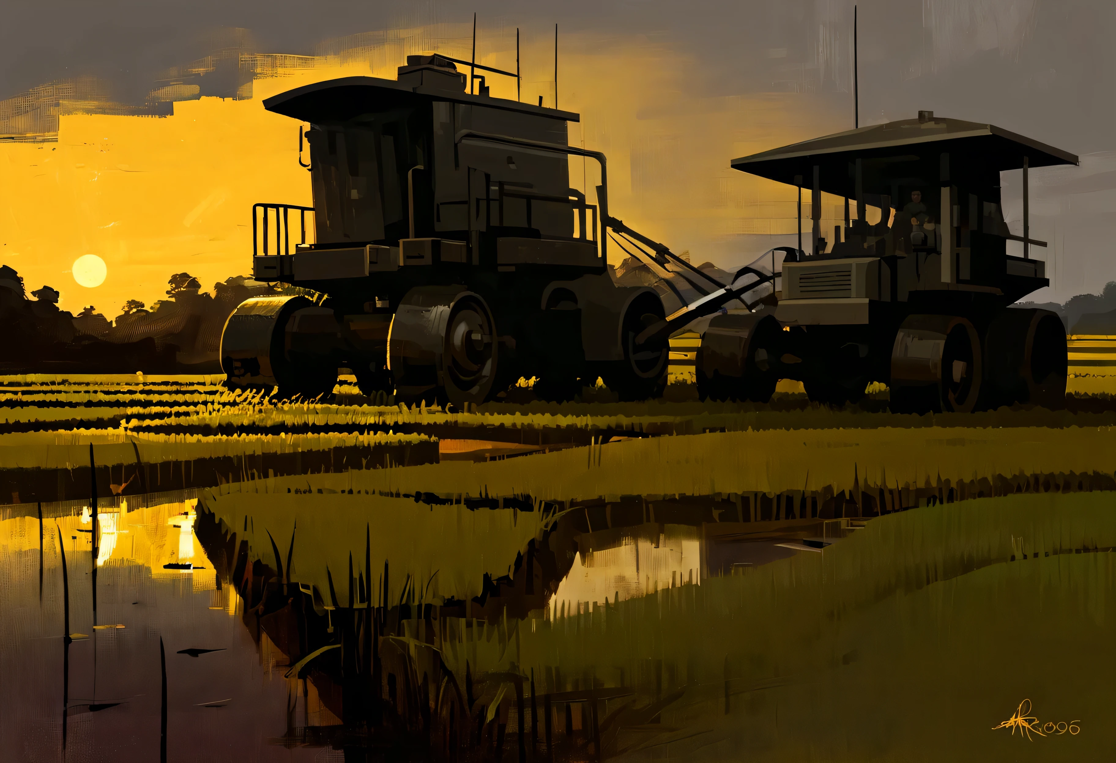art by Aries Moross,art by Bob Byerley, landscape of a Metallic Rice paddy, at Dusk, AshleyWoodArtAI, Greg Rutkowski