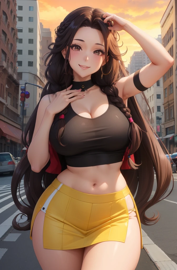 anime, 28 year old woman, taking a selfie, mischievous smile, long hair, dark hair color, stylish hairstyle, side hair long lush hair, long curls of hair pulled to the sides, Braids within the hair, curvy body, proportional body, sexy girl, beautiful mature girl, lovable character, crop top, short skirt, clarity, detailed, detailed face, very detailed drawing, smile, flirty look, city background,  saturated background, perfect composition, soft natural volumetric cinematic perfect light, masterpiece