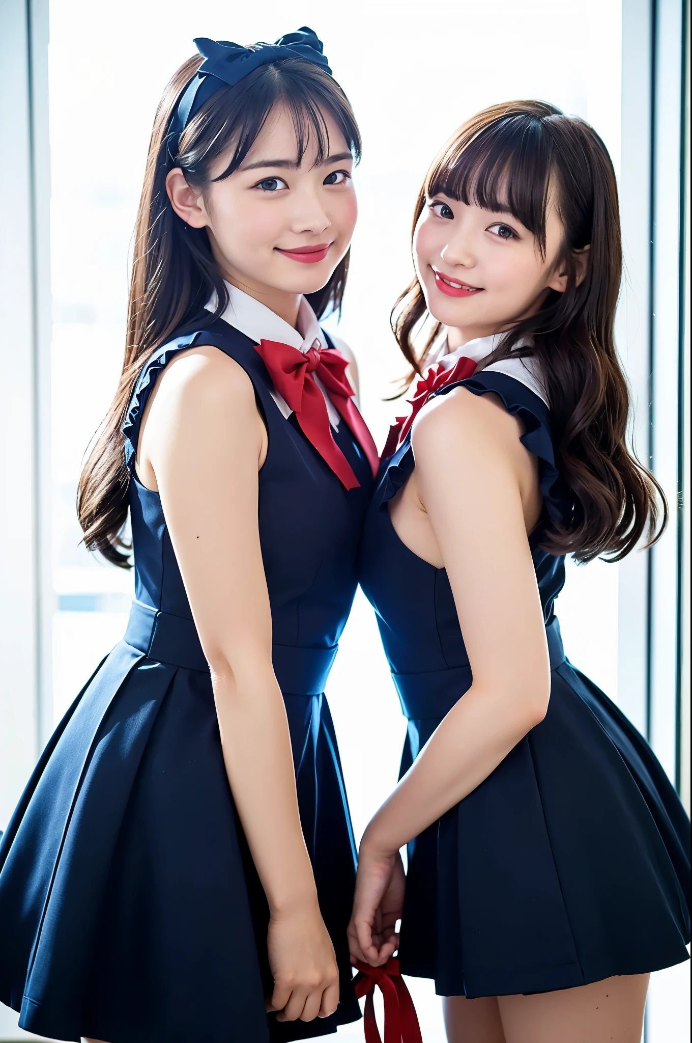 2 girls in classroom near window,frilled short sleeved navy blue leotard with red bow tie,18-year-old,bangs,a little smile,thighs,knees,straight hair with barrette with red ribbon bow,from below,front-lighting