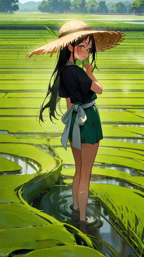 In the serene and lush rice paddy, a young woman dressed in traditional farming attire is standing, her long dark hair cascading down her back. She looks away, embarrassed, as she adjusts her sash, revealing a peek of her slender, sun-kissed legs. The pink blush on her cheeks deepens as she notices someone approaching, her mouth silently forming an "X" in an attempt to maintain her composure. The sun casting long shadows over the vibrant, green rice paddies, the mellow sound of water trickling from the surrounding irrigation system completing the idyllic, yet slightly embarrassing scene.