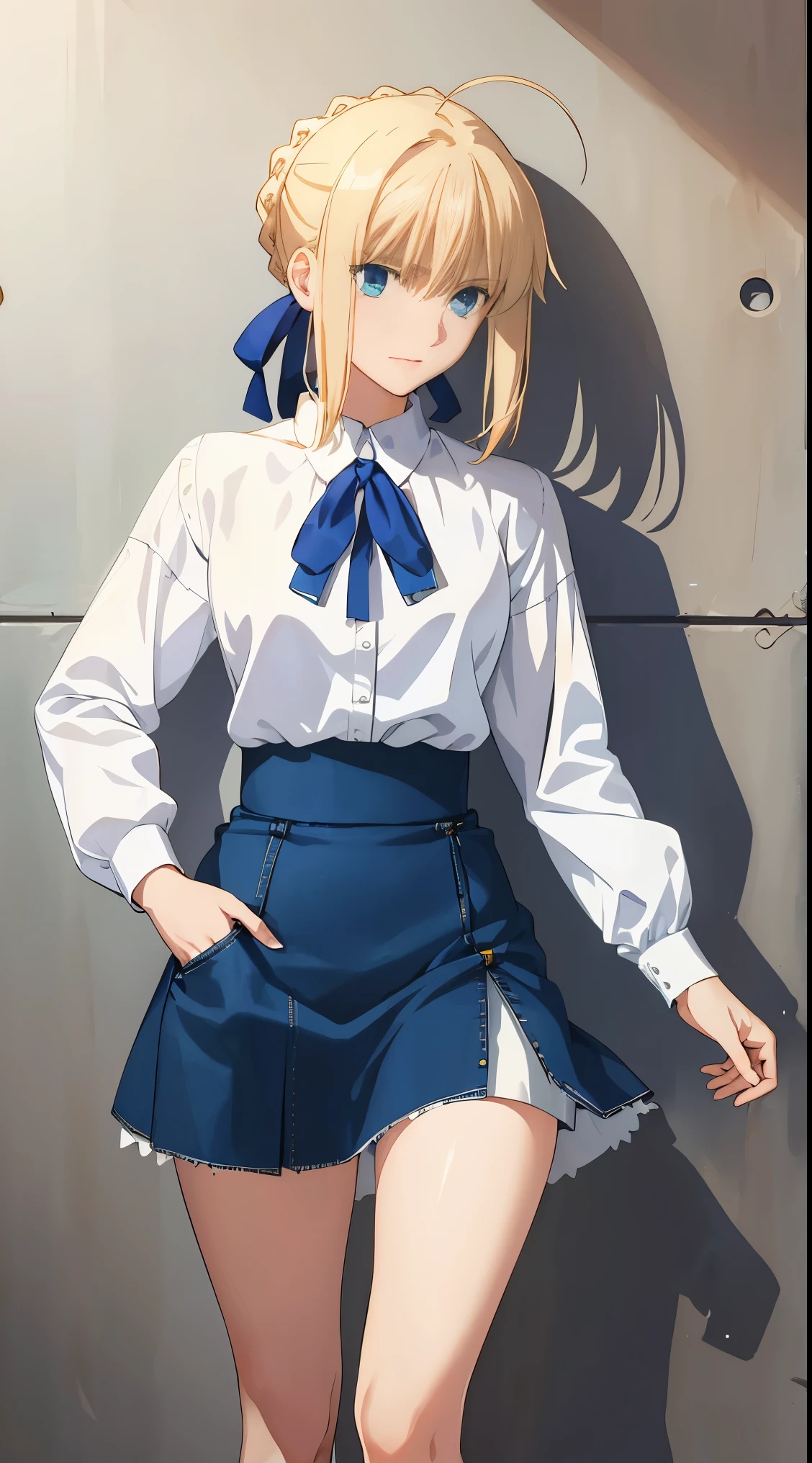 (masterpiece:1.4), (best quality:1.4), realistic, 1girl, artoria pendragon \(fate\), (((white shirt,denim’s very short skirt