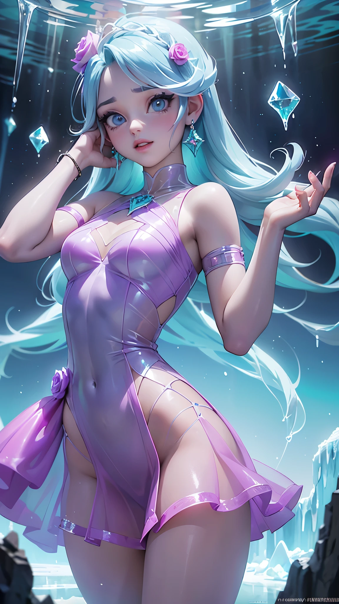 (La mejor calidad,A high resolution,Ultra - detallado,actual),Ariana Grande short fluffy brown hair，(Ice Dress Has a shiny purple-pink transparent rubber texture:1.4 .)，(En rosa goma vestido transparente hielo:1.4)、Usa el tuyo con azul y blanco，amarillo y verde，Hanging decoration with matching cyan accessories，This is a very sweet and sweet girl...., (tema de san valentin), ojos azules, sonrisa suave, (fondo caverna atlantis ruinas hielo congelado:1.4) ,,More detailed 8K.motor irreal:1.4,HD,La mejor calidad:1.4, fotorrealista:1.4, textura de la piel:1.4, obra maestra:1.8,obra maestra, mejor calidad,objeto Objeto], (rasgos faciales detallados:1.3),(Las proporciones correctas),((dedos detailed :1.4) ),(Ojos hermosos azules:1.4 ),(pose vaquero ),( vestido transparente de hielo congelado:1.4), ,( ciberpunk 2.1), (vestuario estilo kawaii:1.4), (mostrando panties con estampado de cristales :1.4), (dentro el agua mar medusas:1.4) 
