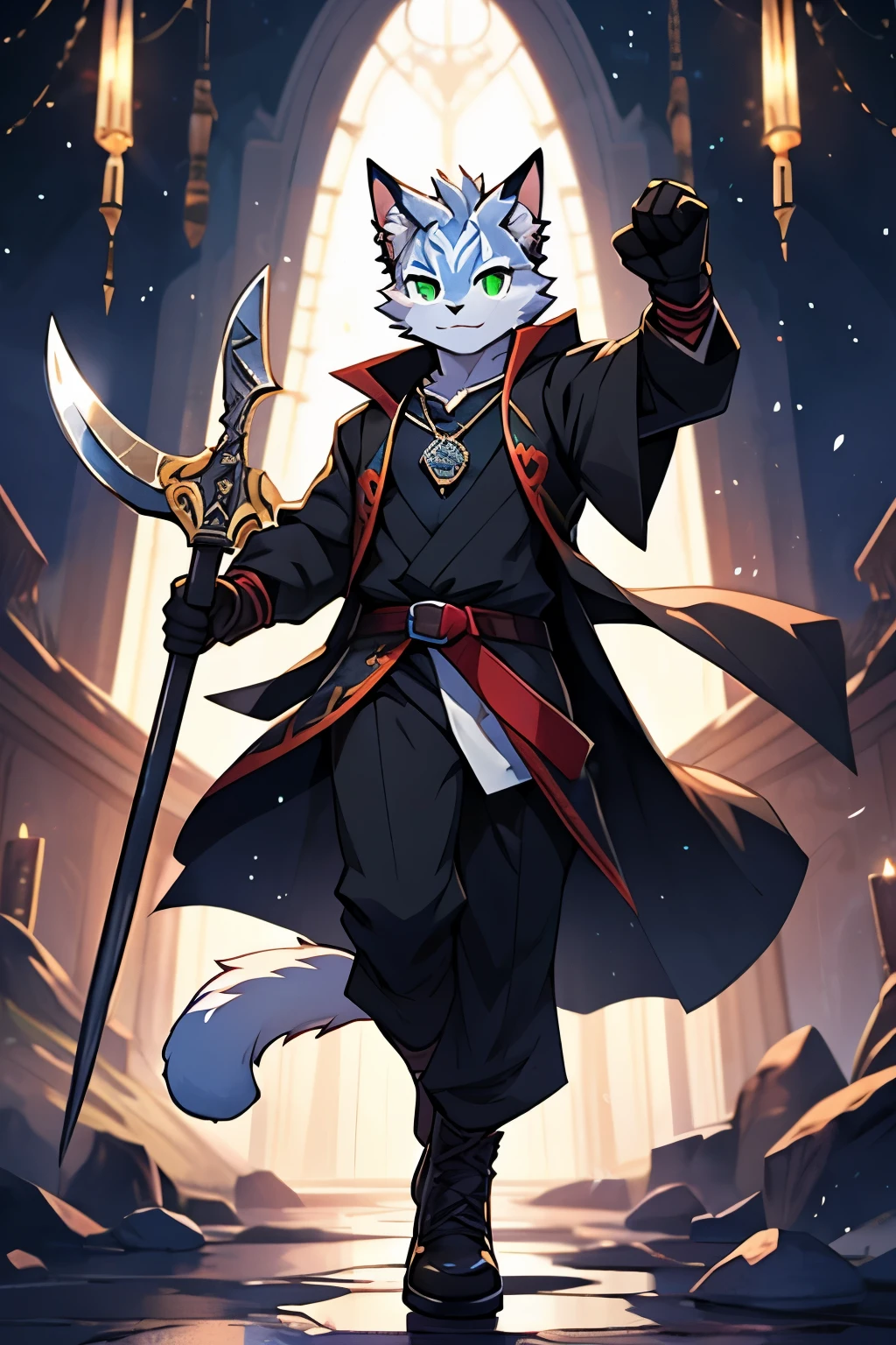 hairy,1 boy, white cat boy,young,magic world,exquisite, detailed,clear,dynamic poses,black grim reaper outfit,green eyes,There is an iron ring at the tail,There is a pendant on the chest,Black inverted triangle tattoo on forehead,white fur,short hairy tail,black gloves,There is a black bandage on the leg,Holding a long-handled scythe,clear面部,No pattern on the body,Dress well,Rigorous body structure,Rigorous weapons,