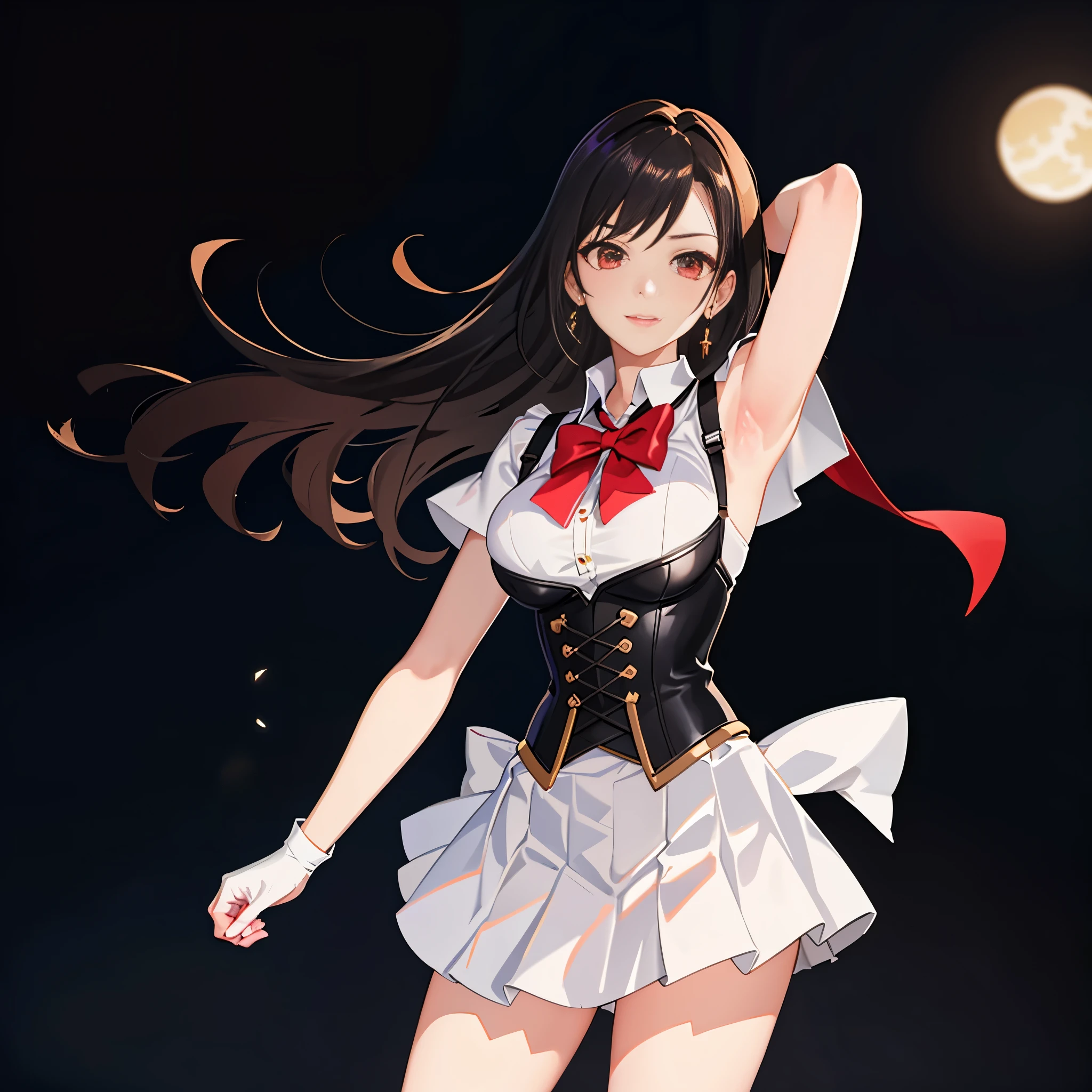 table top, highest quality, High resolution, SV1, sailor warrior uniform, orange skirt, pants white shortle view、elbow glove, Tierra, pleated skirt, Flipping up the miniskirt, white panties、red bow, orange choker, white gloves, jewelry, starry sky, bad pose, slight smile, portrait, floating, moon, Close-up of a woman in a corset dress posing for an upper body photo, Captivating portrait of Tifa Lockhart, wlop and art germ, up to the model | art germ, extremely detailed art germ, by ヤン・J, ティファ・ロックハートのportrait, fan art best art station, art germ on artstation pixiv, league of legends senna