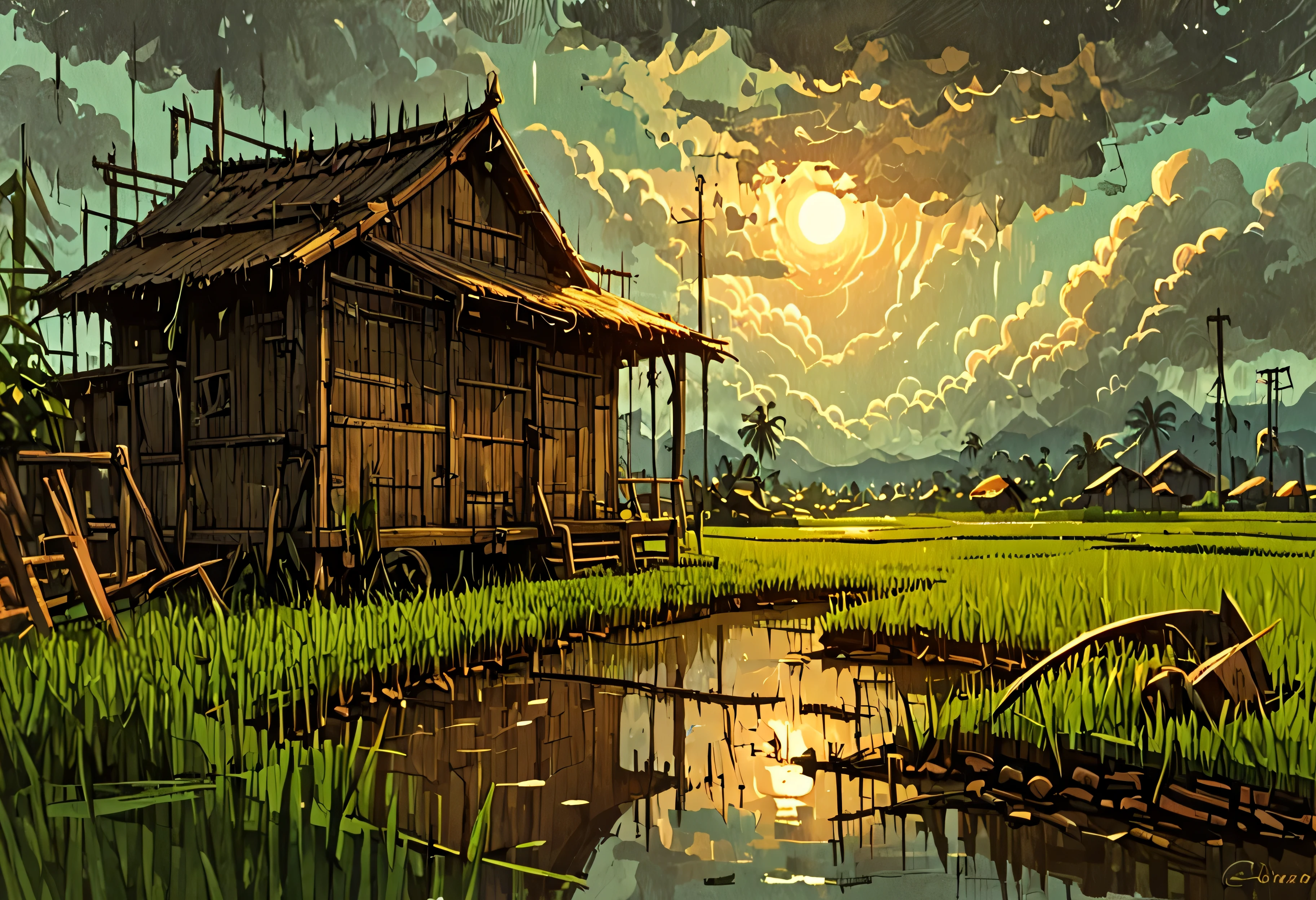 (stylized by Patricia Polacco:0.8) , children's illustration art, professional studio mundane, Rule of Thirds, landscape of a (Rice paddy:1.3) from inside of a Kennel, it is very Young and Furry, Lovecraftian foliage and Orion in background, Thunderstorm, Movie still, Lonely, Yankeecore, copper lighting, F/5, Single Color, under water, rich color, Pixabay, octane engine