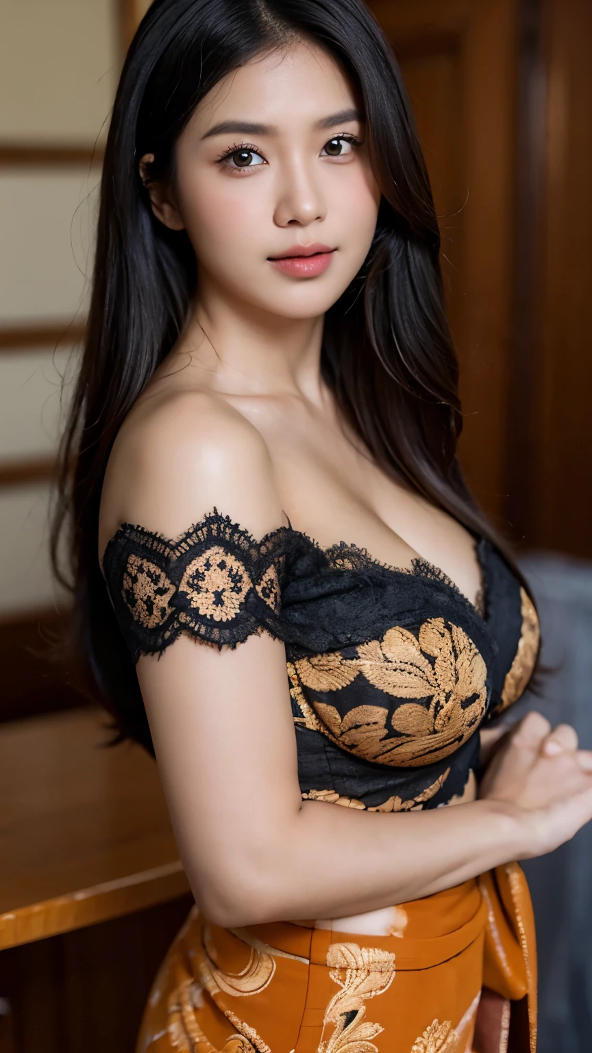 1 Indonesian-Dutch girl, 25 years old, long fashion hair, fit body, small cleavage, skintight black lace kebaya, batik skirt, masterpiece, highly detailed, ultra hd, 8k, detailed face, bright eyes, perfect eyes, detailed skin texture, detailed lips, sexy lips, perfect hands, big breast, cleavage, dynamic angle, cowboy shot