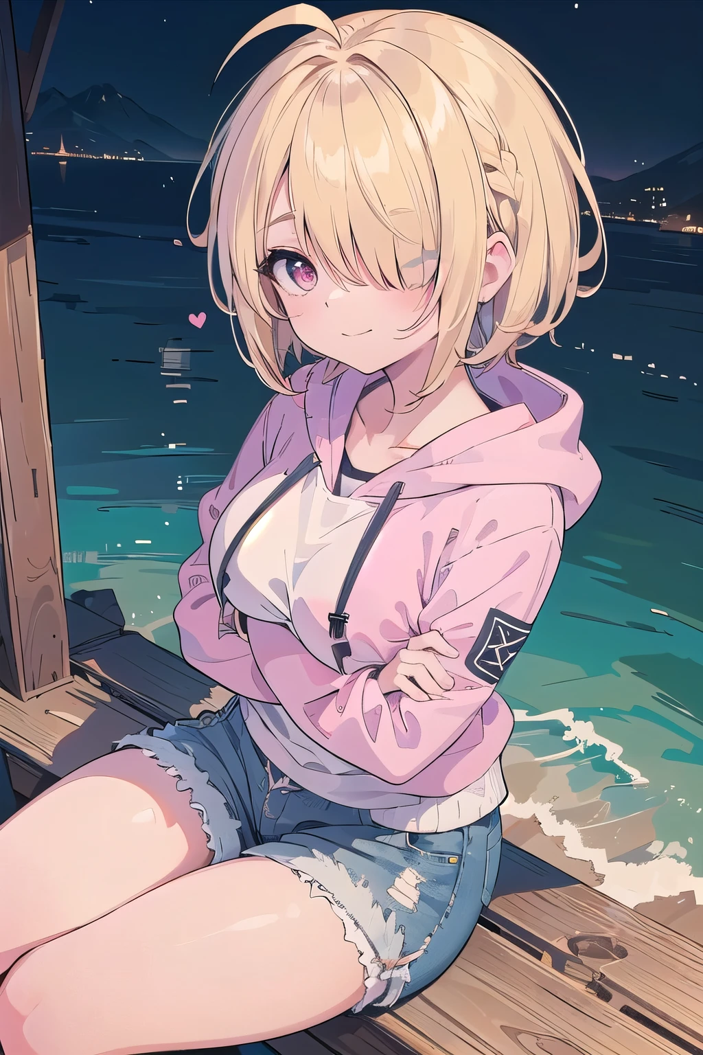 (masterpiece:1.2), (highest quality:1.2), perfect eyes, perfect face, perfect lighting, mountainous horizon, 1 boy,blonde　Upper body, big breasts　red eye, ((((((hair over one eye,)))))), a braid, spike hair, dull bangs, bob hair, Ahoge, cute eyes, Medium chest, , (((From above)), closed mouth, vivid description,orgasm, I was scared, Ahegao, smile+Happy, tooth, anger, From the side, She is wearing pink shorts with jeans textured lace, wears hoodie in yellow modern style fashion, sitting, crossed arms
