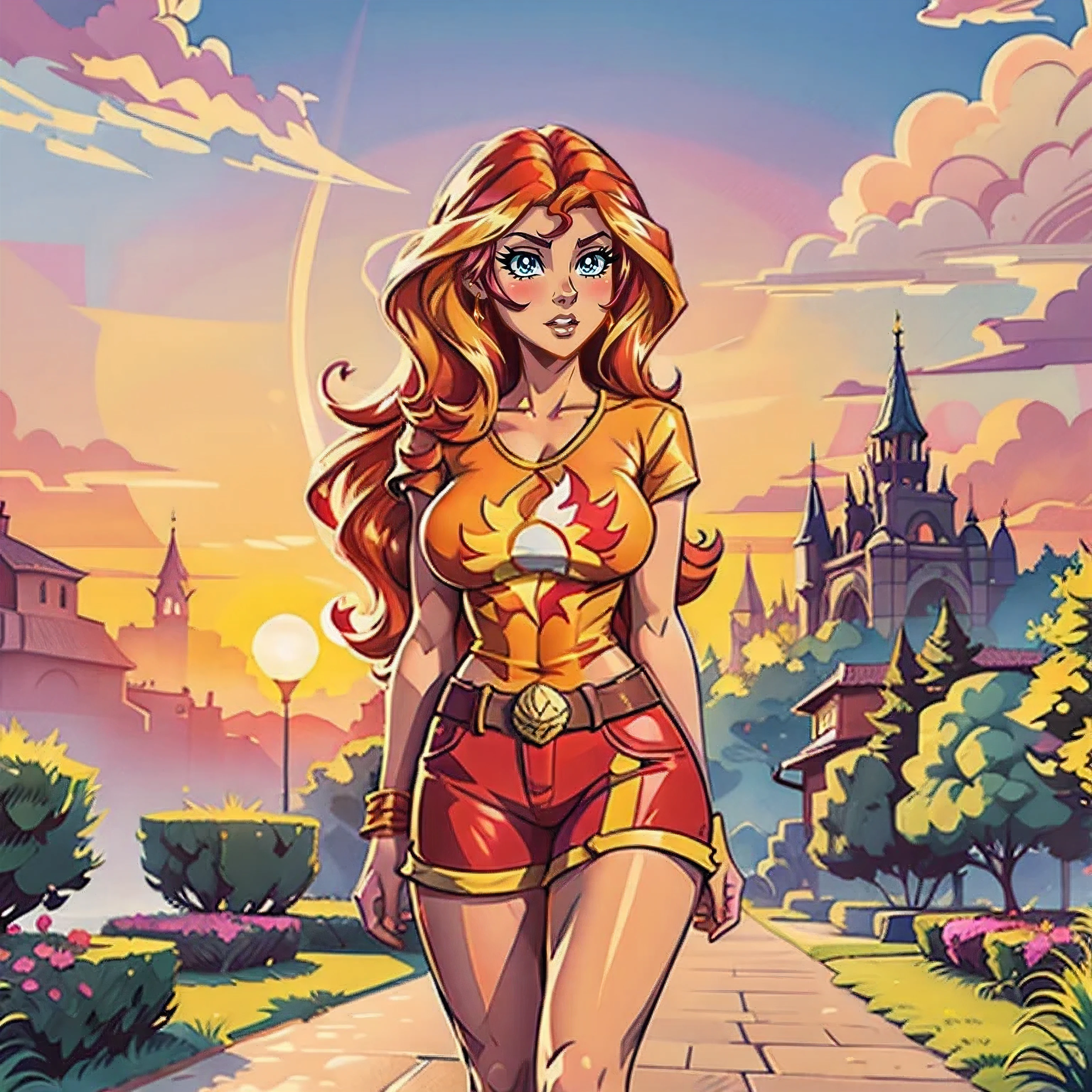 Sunset Shimmer bare big breasts, full body portrait with high heeled boots, cowboy shot, full-length, Sunset Shimmer aged 25, topless, bare breasts, big breasts, shoes visible, detailed anime eyes, adesivo, fundo simples, full portrait, long hair, beautiful sunset shimmer girl, pony aesthetic, beautiful girl, very beautiful fantasy art, beautiful and elegant female pony girl, beautiful detailed fantasy, red and yellow colour palate, red and yellow colour-theme, vintage t-shirt design, in the style of hand drawing, 3D vector art, fantasy art, watercolour effect, Adobe Illustrator, hand-drawn, digital painting, low-poly, soft lighting, isometric style, retro aesthetic, focused on the character, 4K resolution,