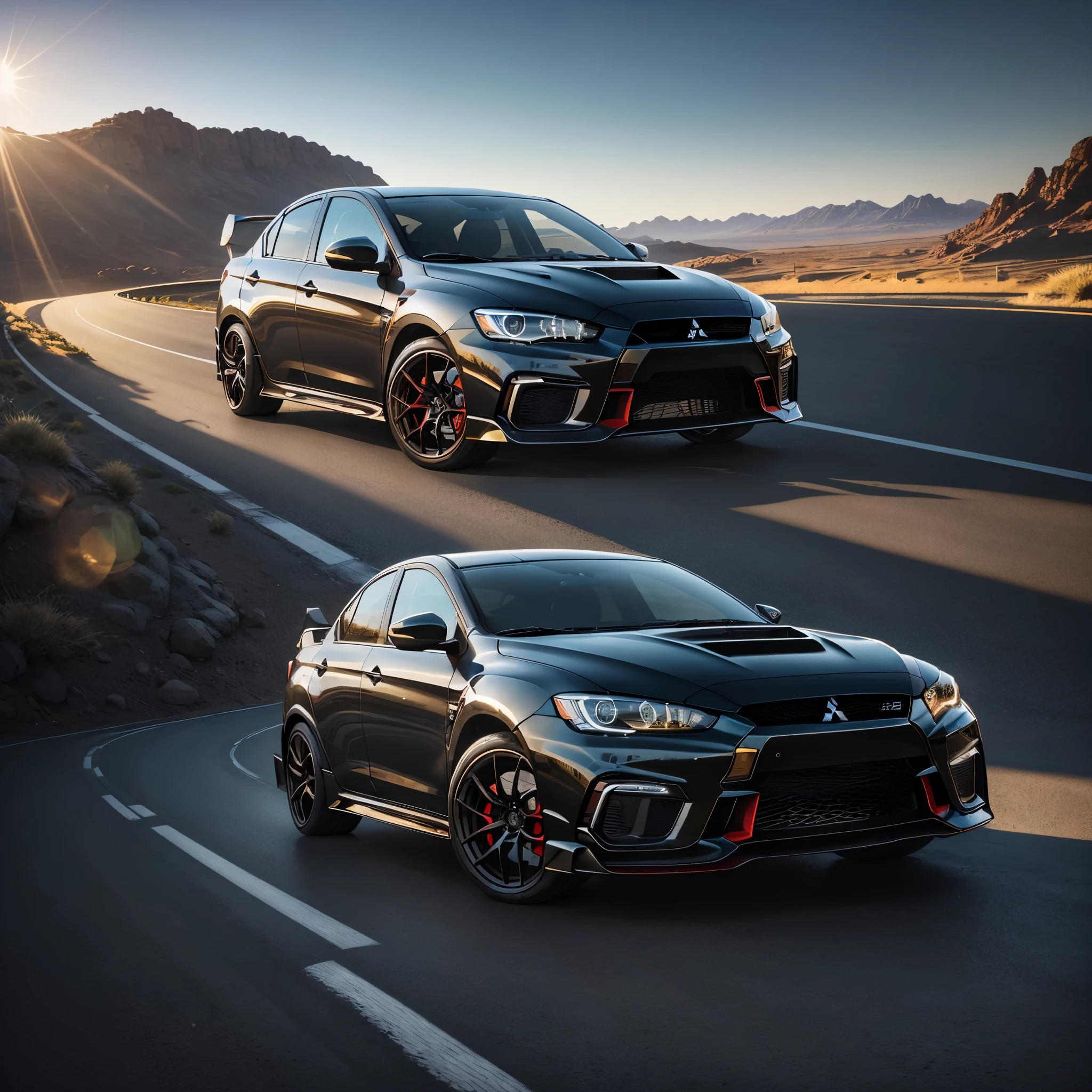 A sleek Mitsubishi Lancer Evolution X, positioned on a sun-kissed road, bathed in golden sunlight. The car's metallic sheen gleamed with every ray of sunshine, reflecting the vibrant hues of the setting. Its curves and contours were accentuated by the light, creating a stunning visual display. The road stretched out before it, winding gently, inviting the Evolution X to speed along its path, leaving a trail of radiant light behind. This highly detailed, hyper-realistic depiction of the Lancer Evolution X and sunlit road is rendered in stunning 8K resolution.