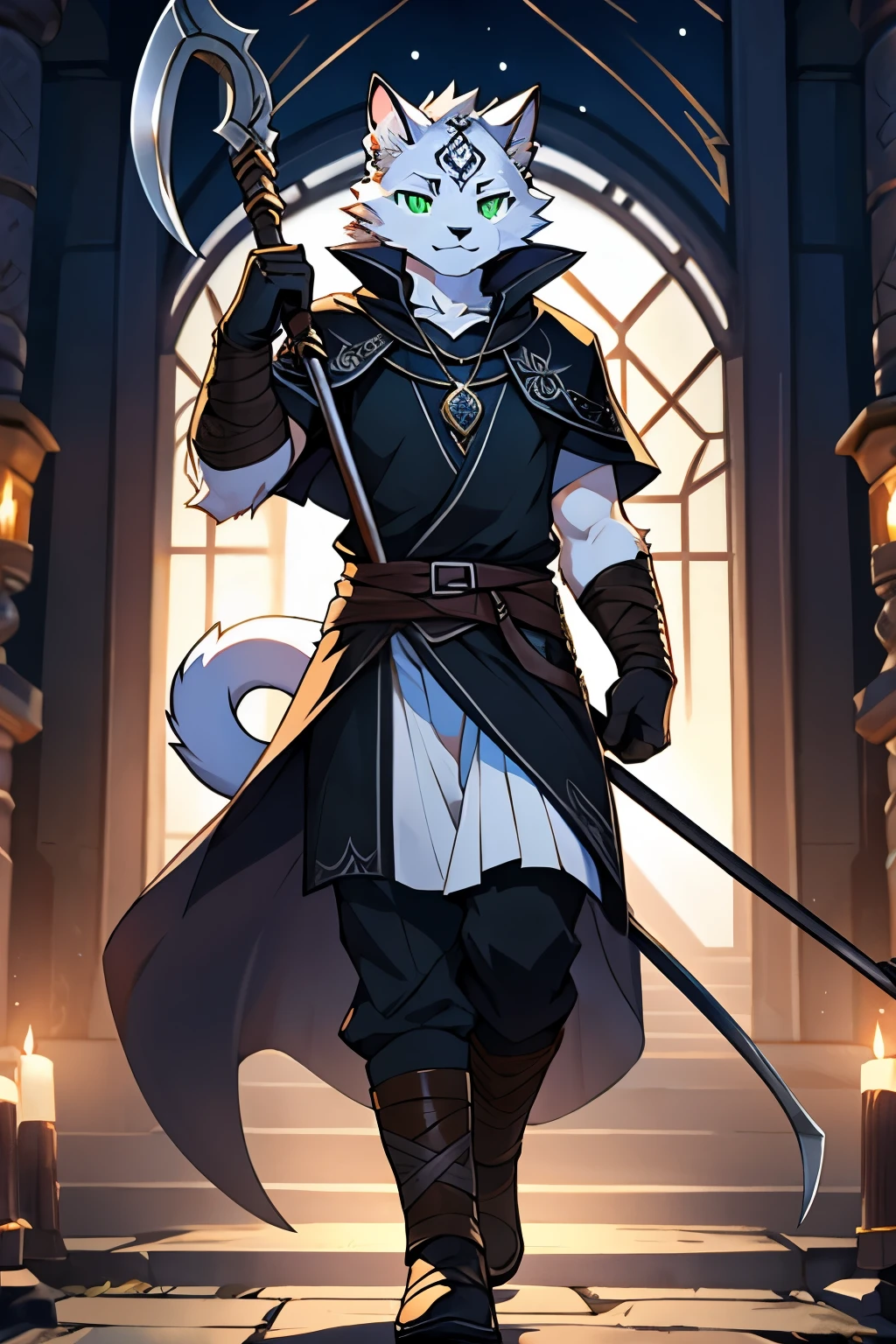 hairy,1 boy, white cat boy,young,middle earth,exquisite, detailed,clear,dynamic poses,black grim reaper outfit,green eyes,There is an iron ring at the tail,There is a pendant on the chest,Black inverted triangle tattoo on forehead,white fur,short hairy tail,black gloves,There is a black bandage on the leg,Holding a long-handled scythe,clear面部,No pattern on the body,Dress well,Rigorous body structure,