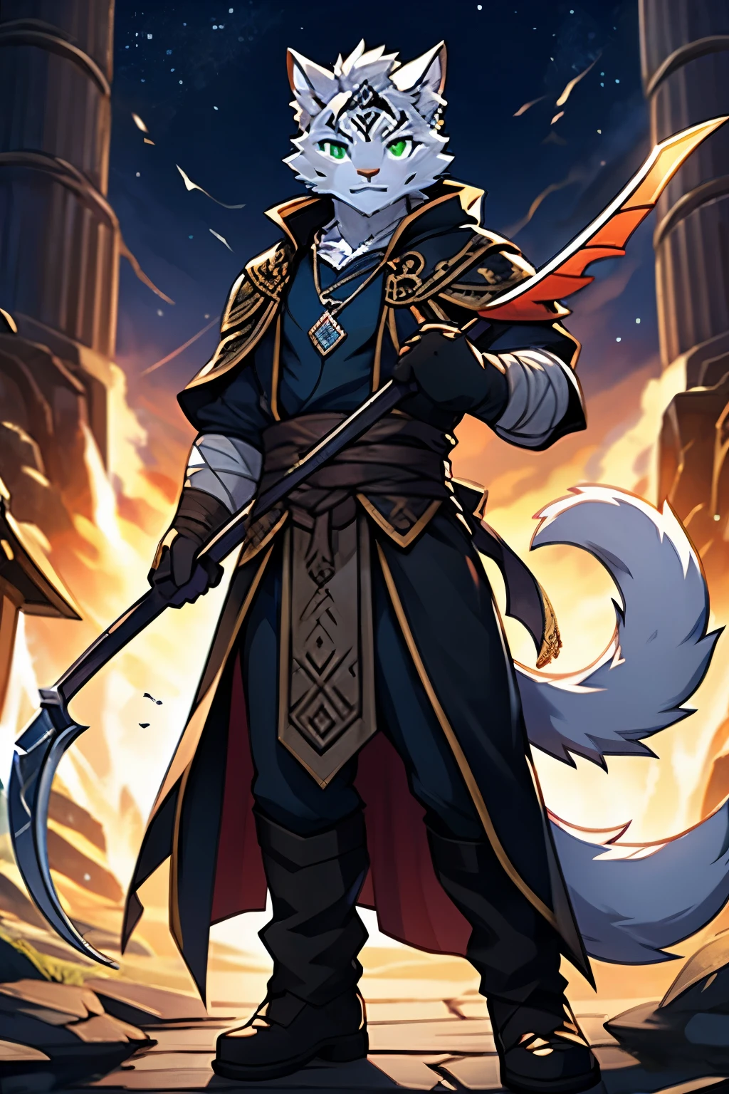 hairy,1 boy, white cat boy,young,middle earth,exquisite, detailed,clear,dynamic poses,black grim reaper outfit,green eyes,There is an iron ring at the tail,There is a pendant on the chest,Black inverted triangle tattoo on forehead,white fur,short hairy tail,black gloves,There is a black bandage on the leg,Holding a large scythe in hand,clear面部,No pattern on the body,Dress conservatively and not expose yourself,